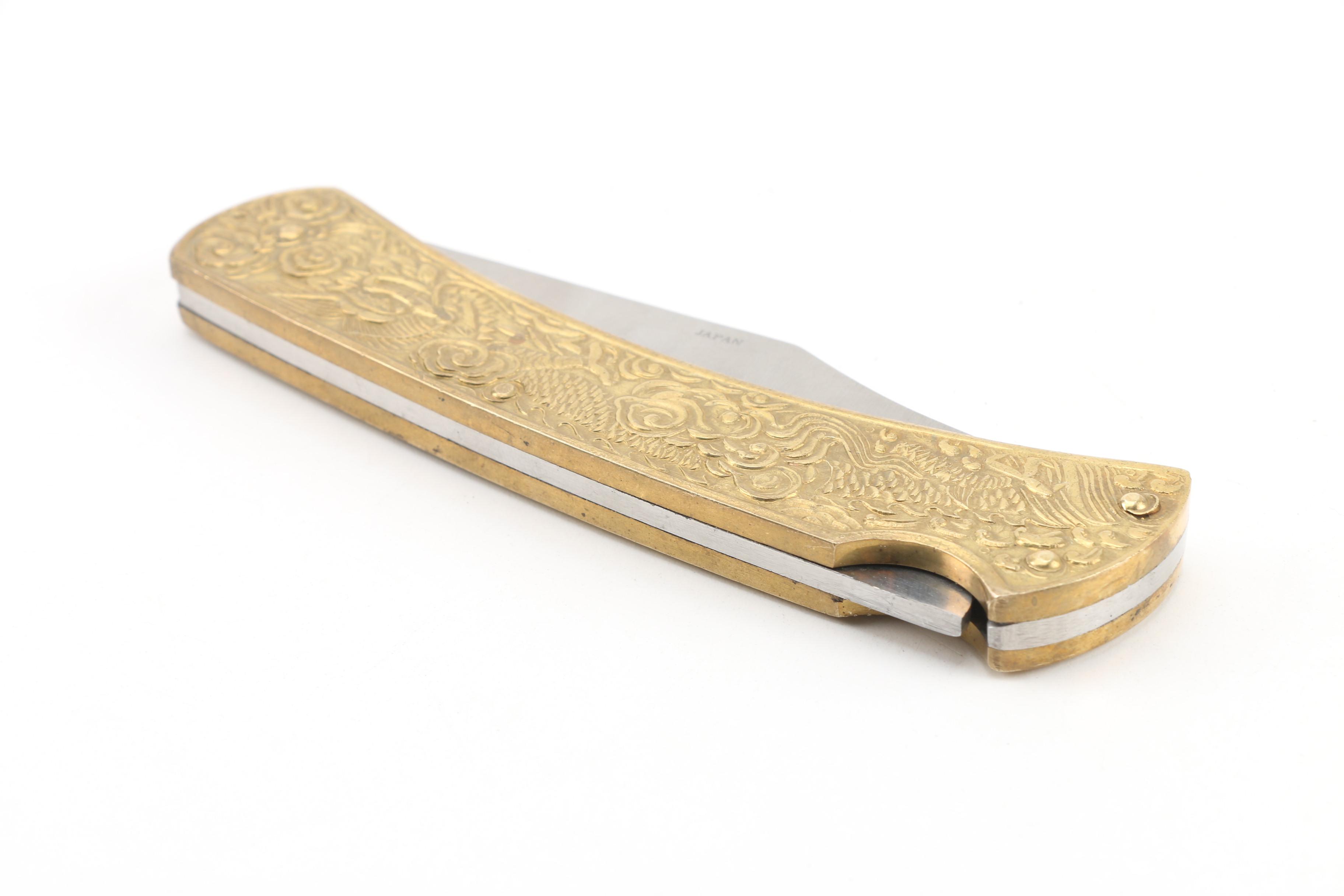 Cobra Japanese "Golden Dragon" Etched Brass Folding Knife with Surgical Steel