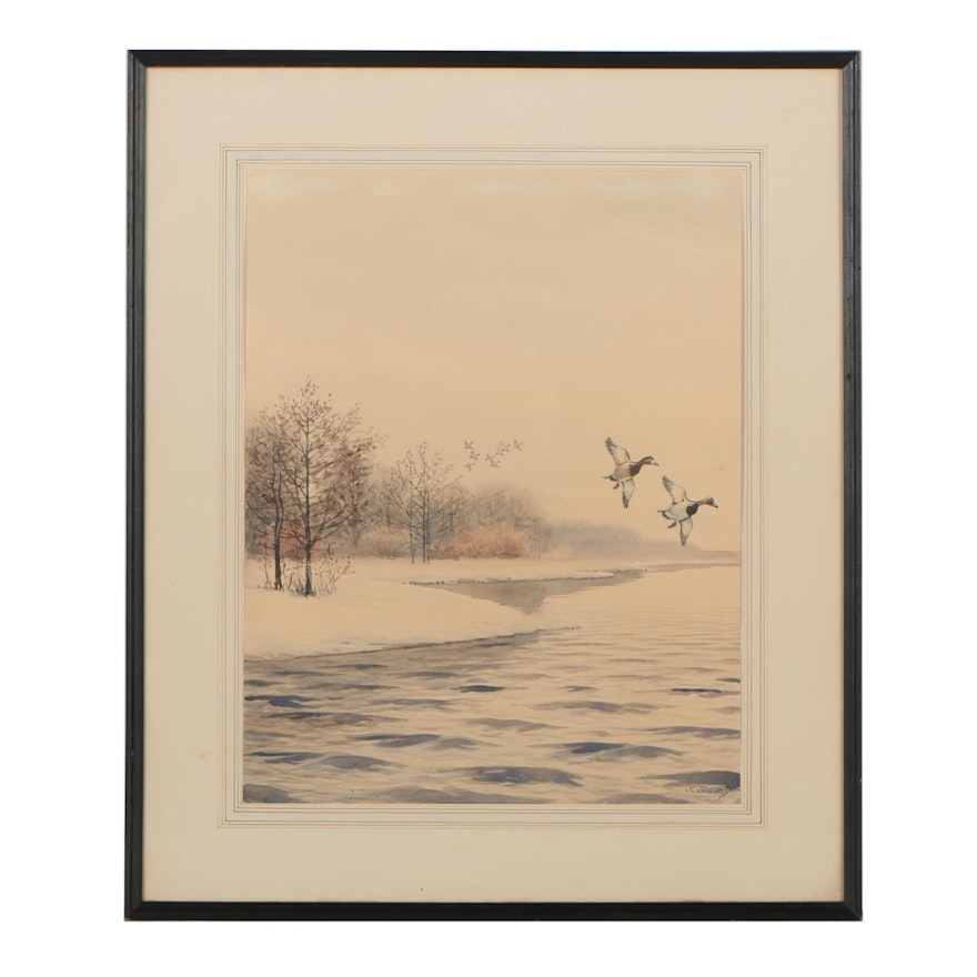 John Sudy Watercolor Painting of Flying Ducks