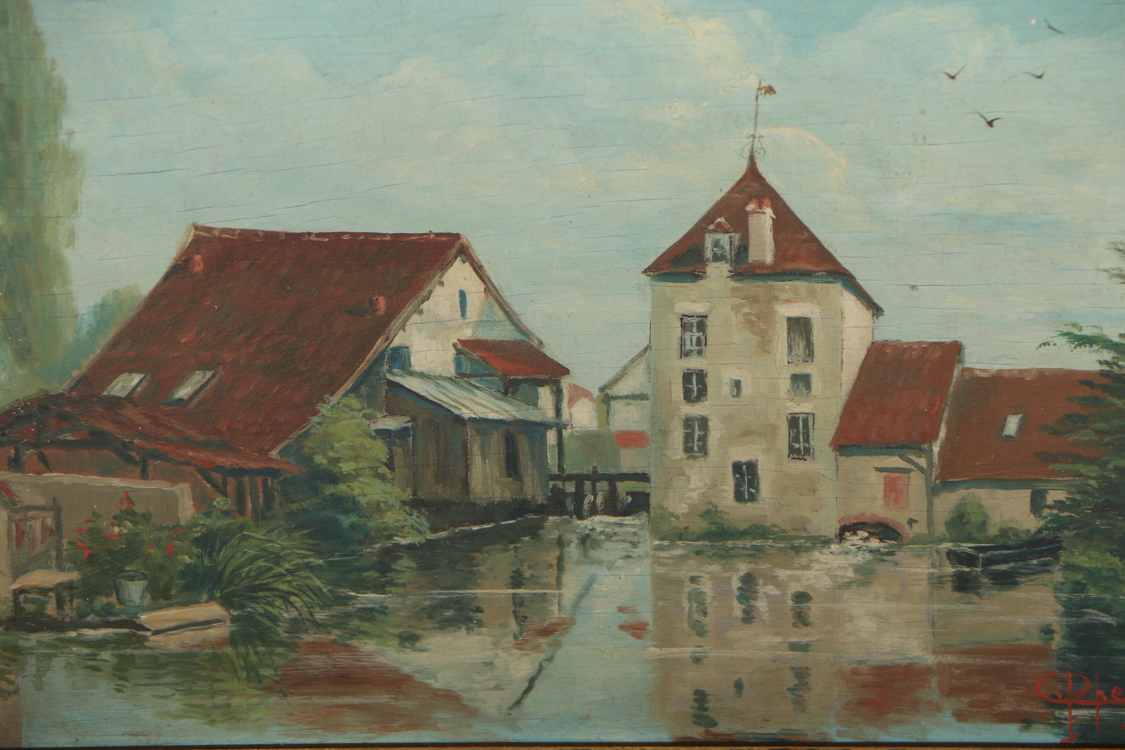 Mid 20th Century European Village Scene Oil Painting