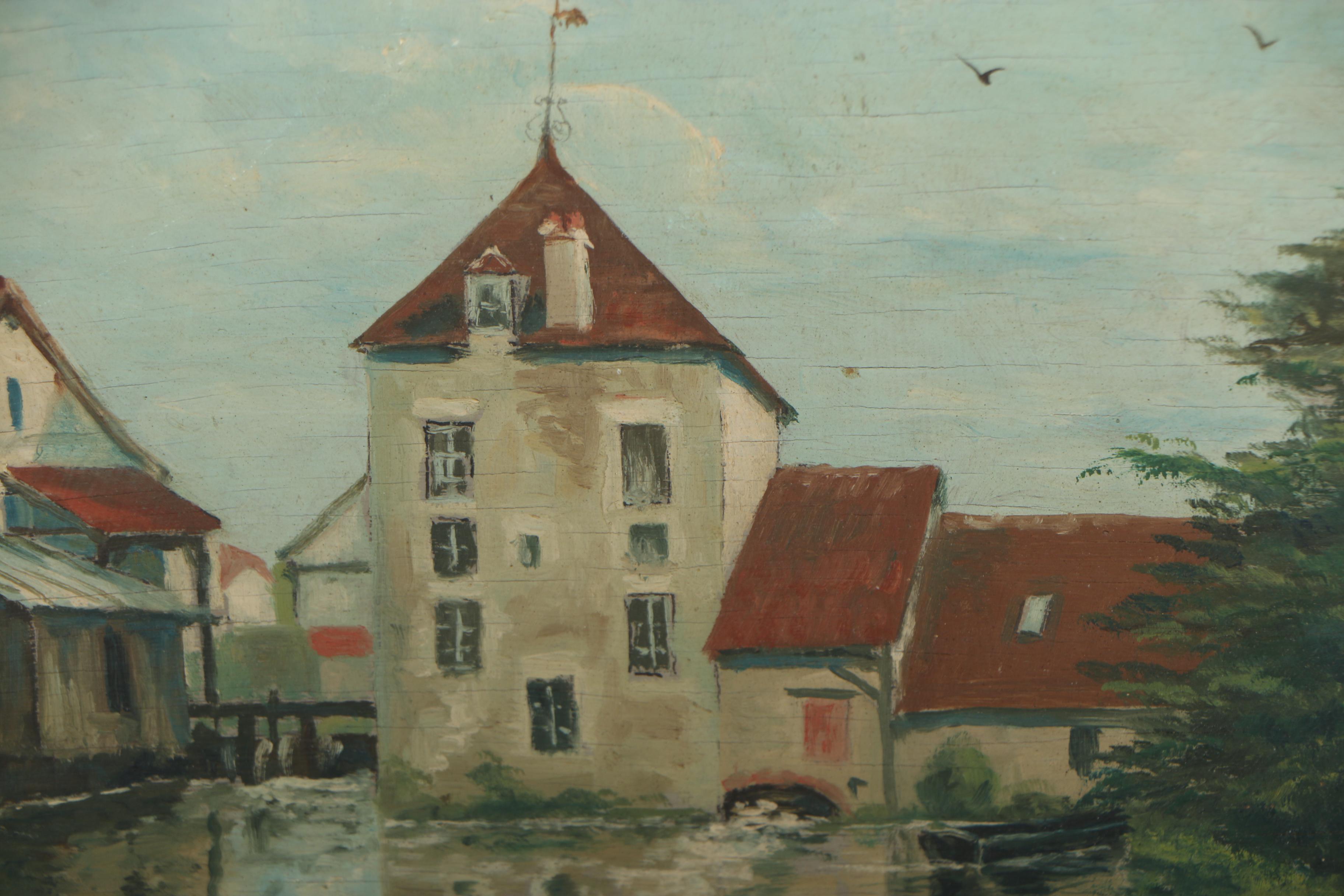 Mid 20th Century European Village Scene Oil Painting