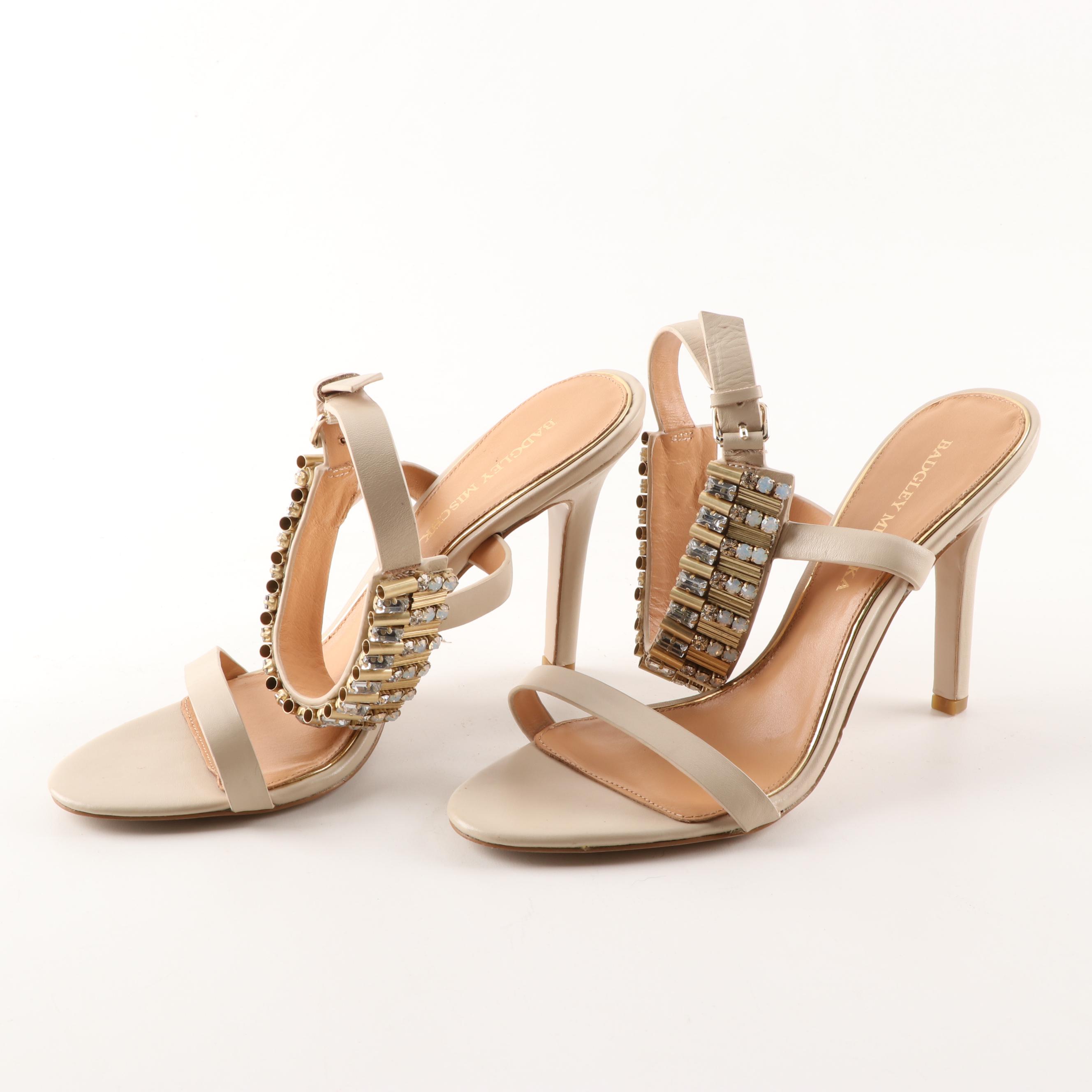 Badgley Mischka Dancer Embellished Beige Leather Ankle Strap Dress Sandals