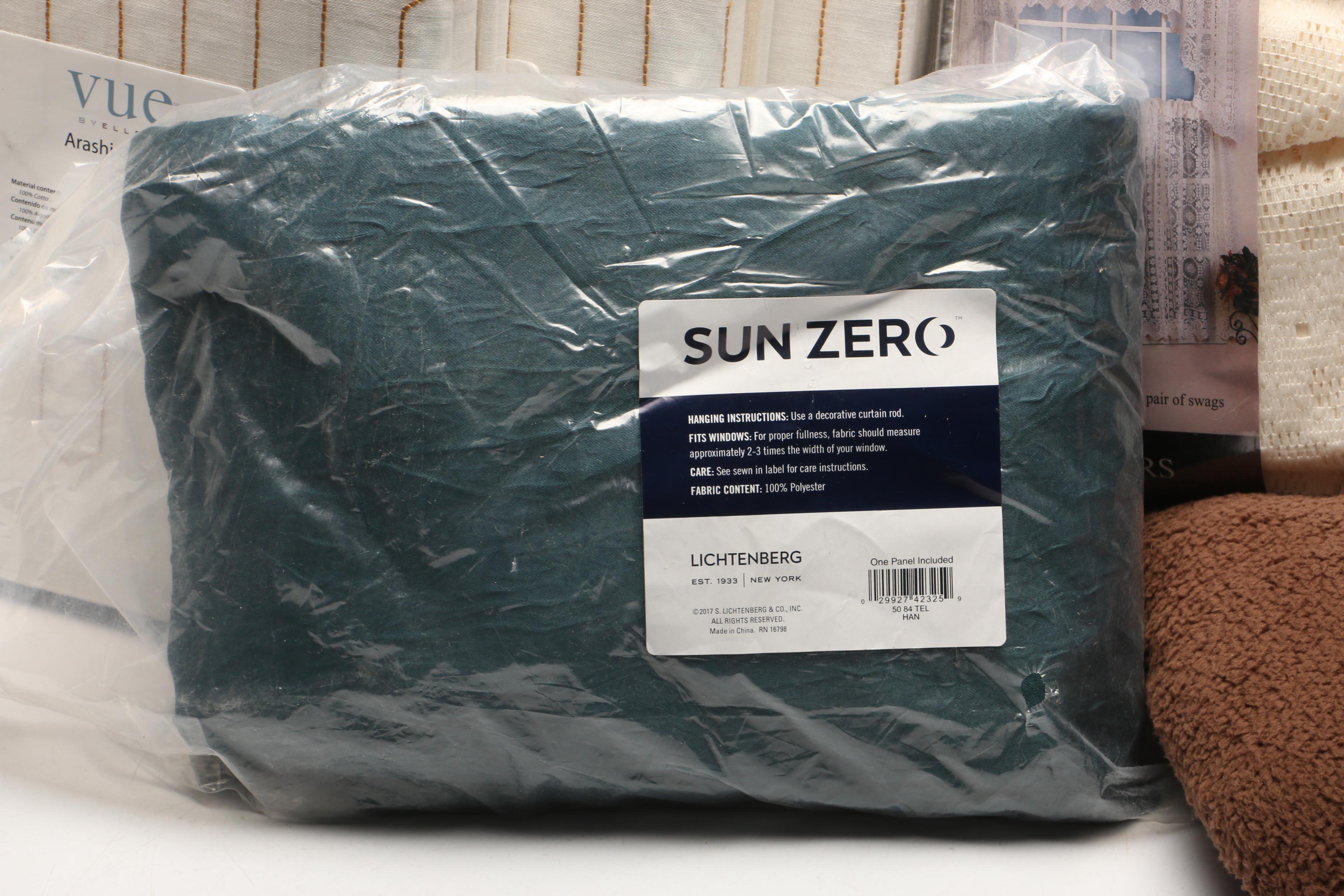 Vue by Ellery "Arashi Ombre Gold" Curtain Panels with Other Curtains and Pet Bed