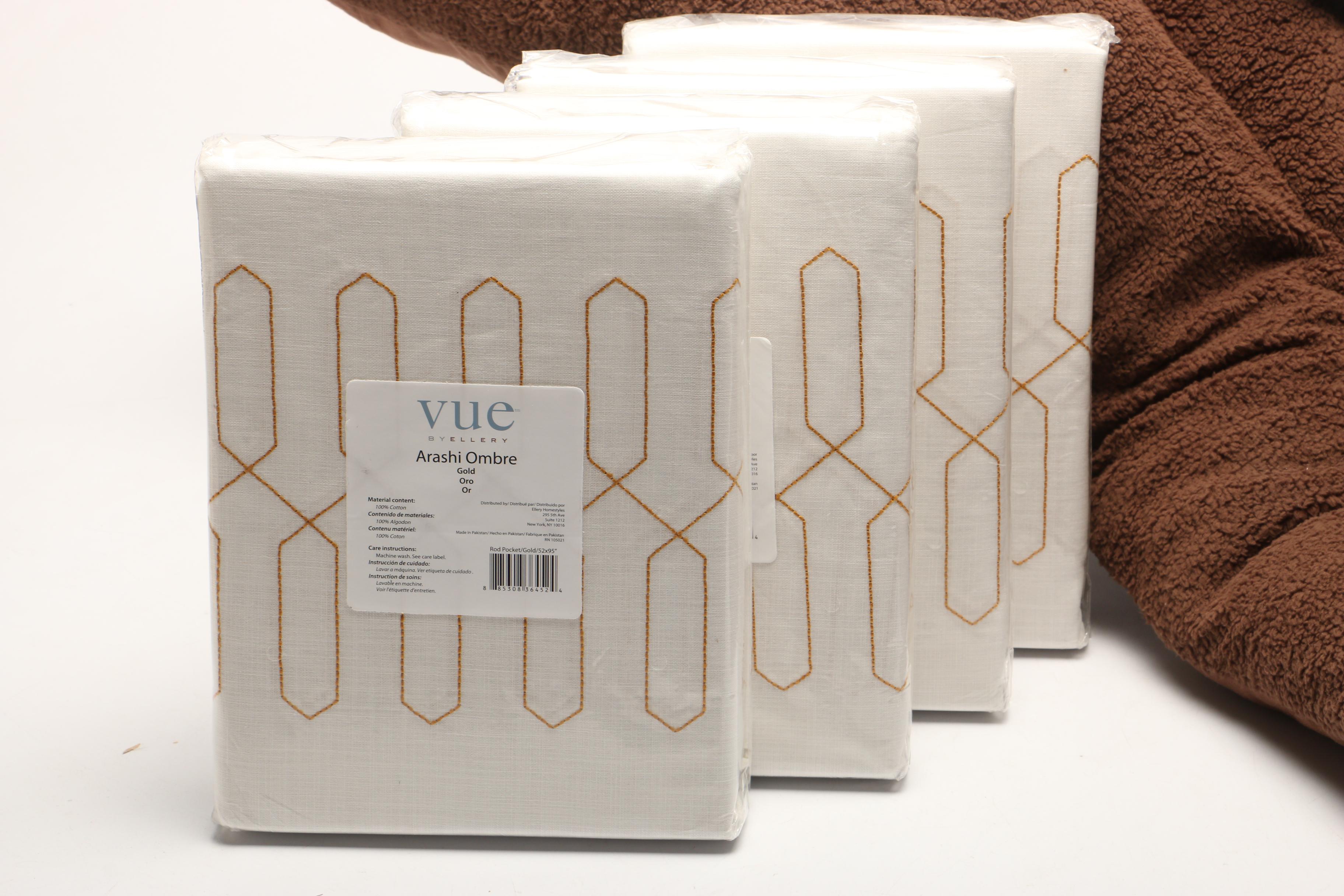 Vue by Ellery "Arashi Ombre Gold" Curtain Panels with Other Curtains and Pet Bed