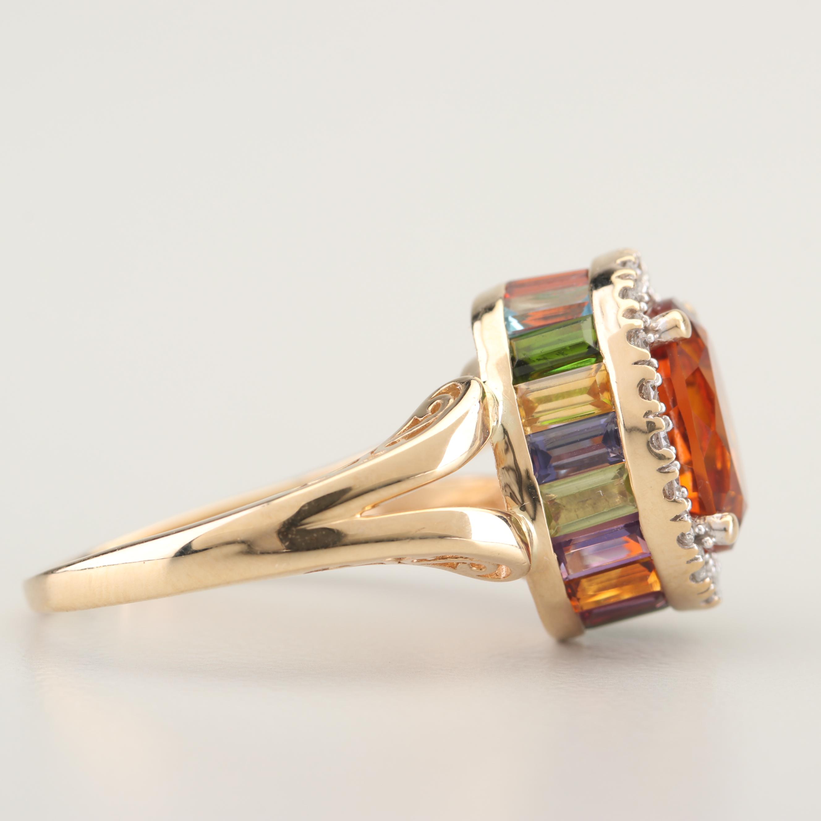 14K Yellow Gold Citrine, Diamond, and Gemstone Ring