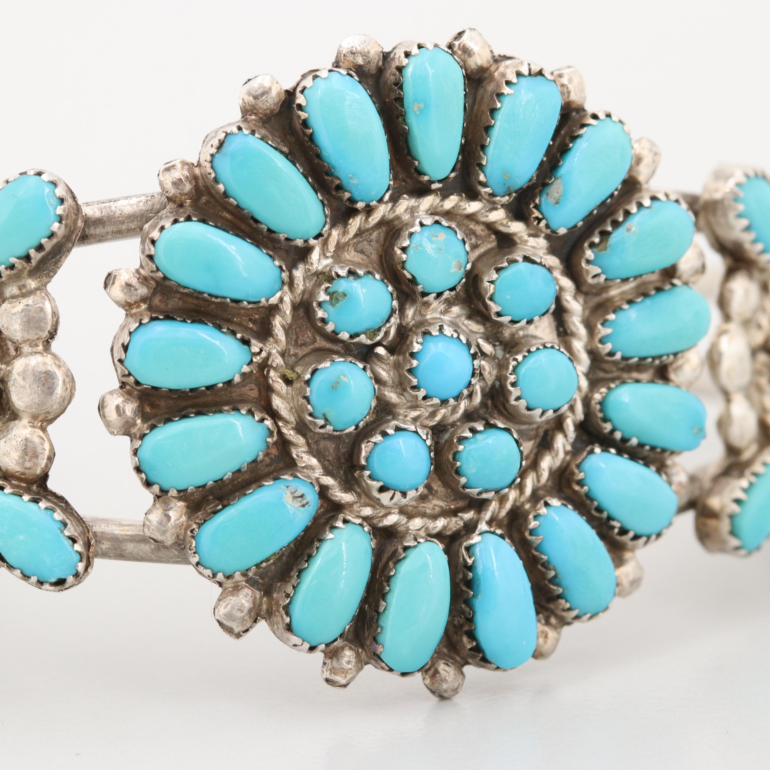 Leonard and Lula Weebothee Zuni Sterling Silver Turquoise Cuff Bracelet