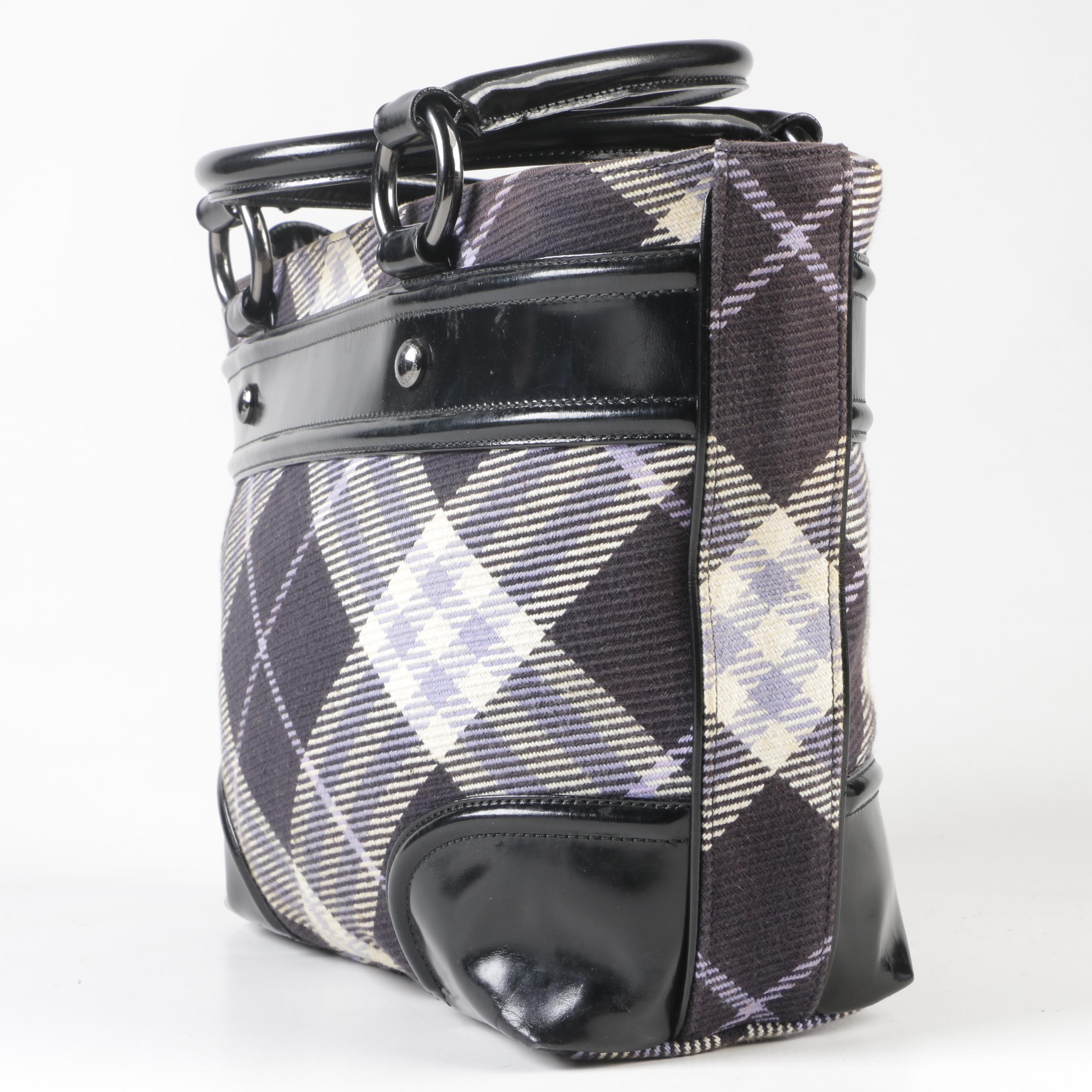 Burberry London Blue Label Plaid and Black Patent Leather Shoulder Bag