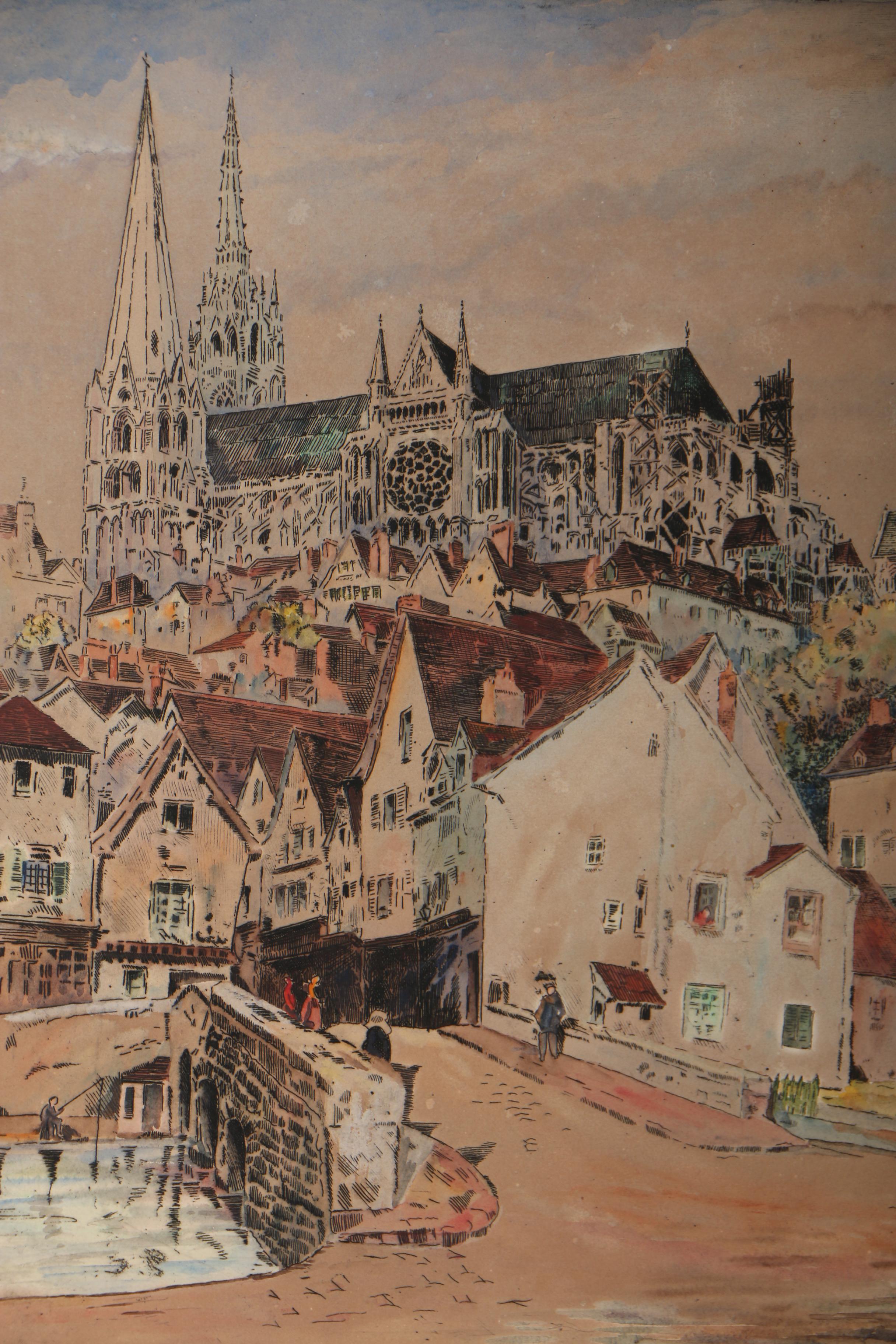 William C. Gillam Hand-Colored Etching "Chartres Cathedral, France"