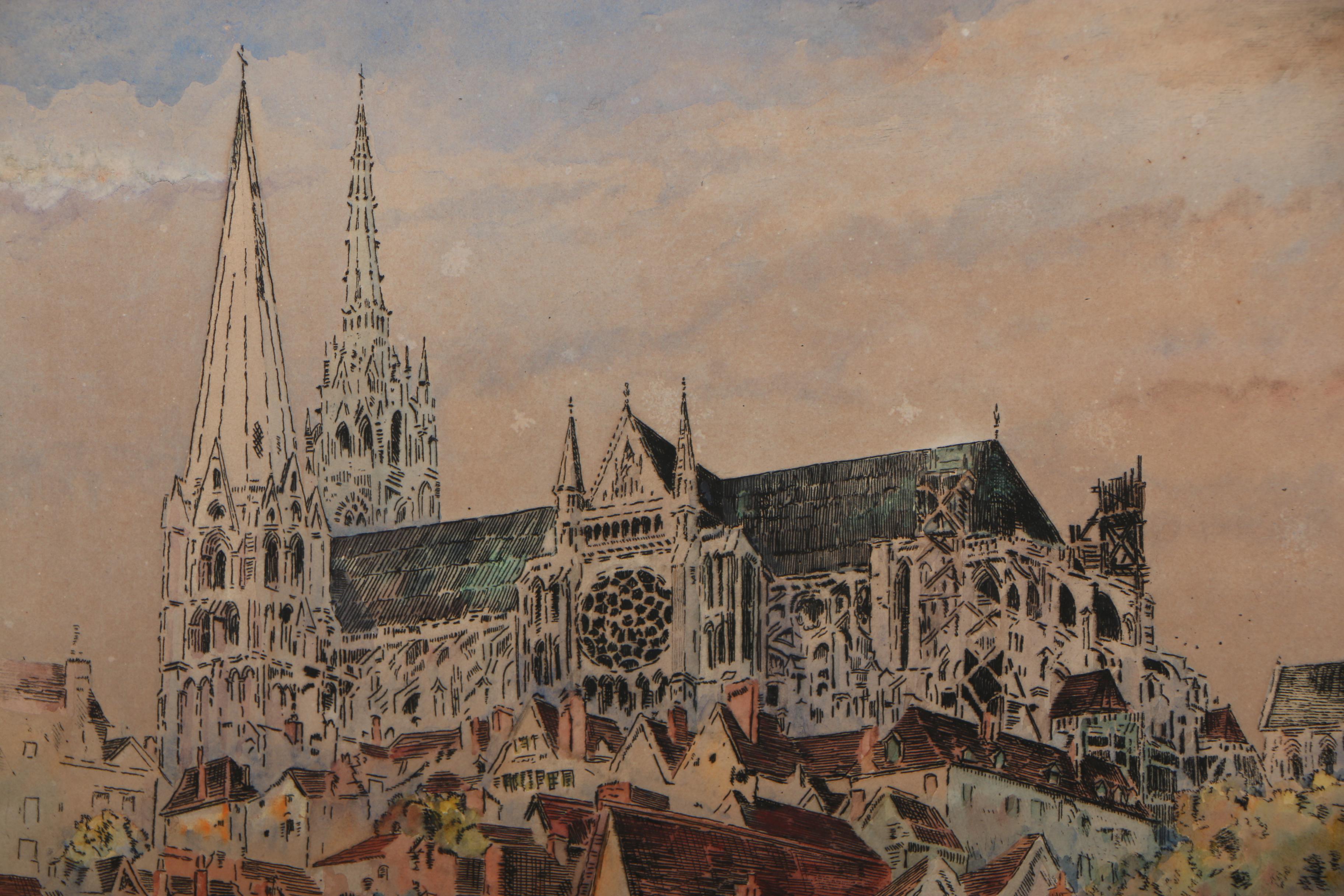 William C. Gillam Hand-Colored Etching "Chartres Cathedral, France"