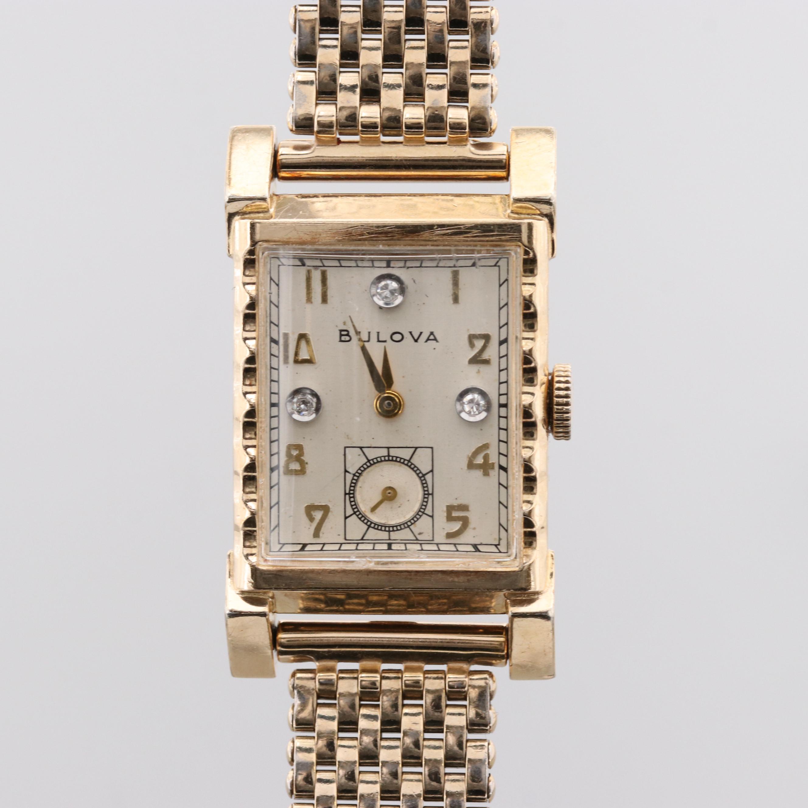 Vintage Bulova 10K Rolled Gold Plate Watch With Diamond Dial