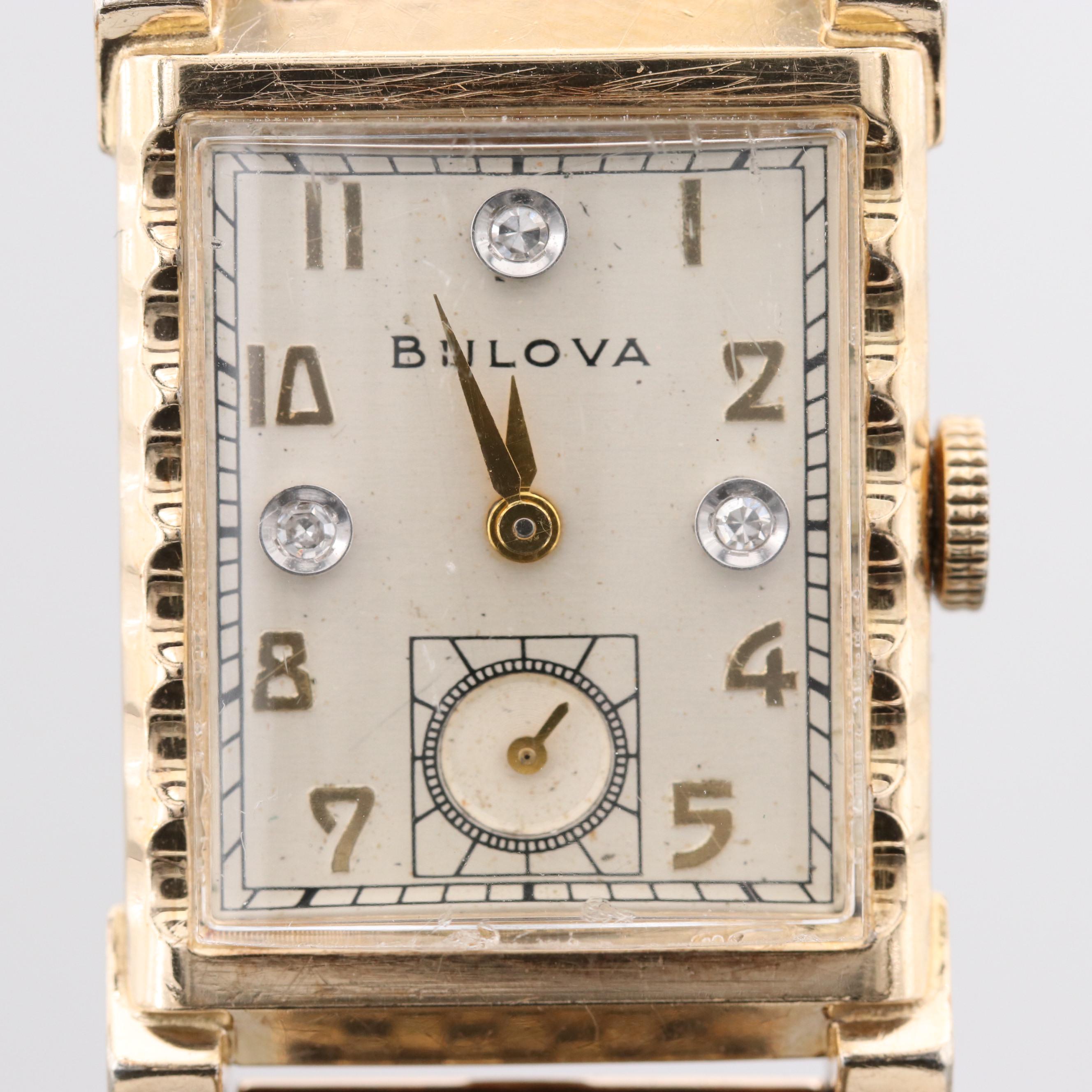 Vintage Bulova 10K Rolled Gold Plate Watch With Diamond Dial