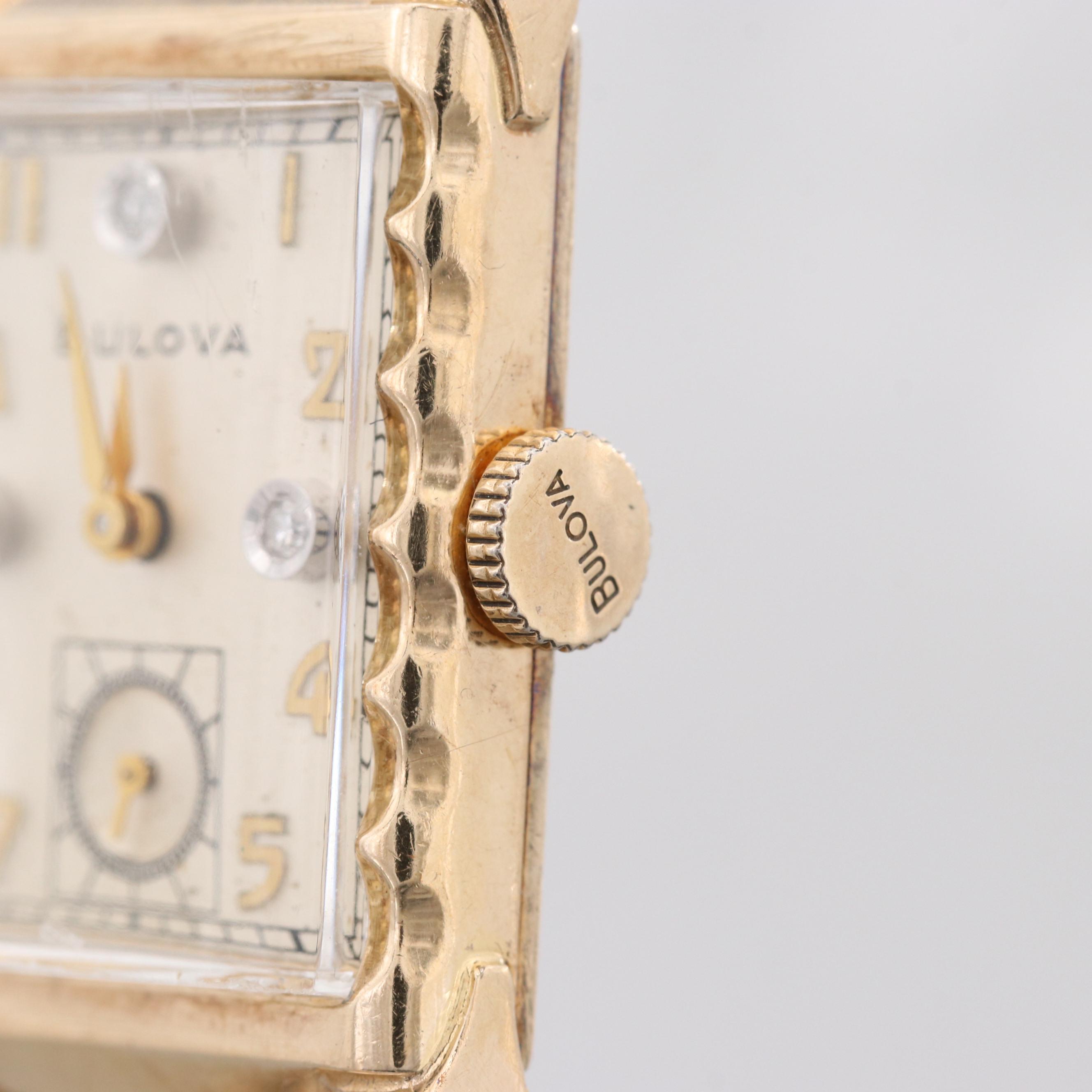 Vintage Bulova 10K Rolled Gold Plate Watch With Diamond Dial