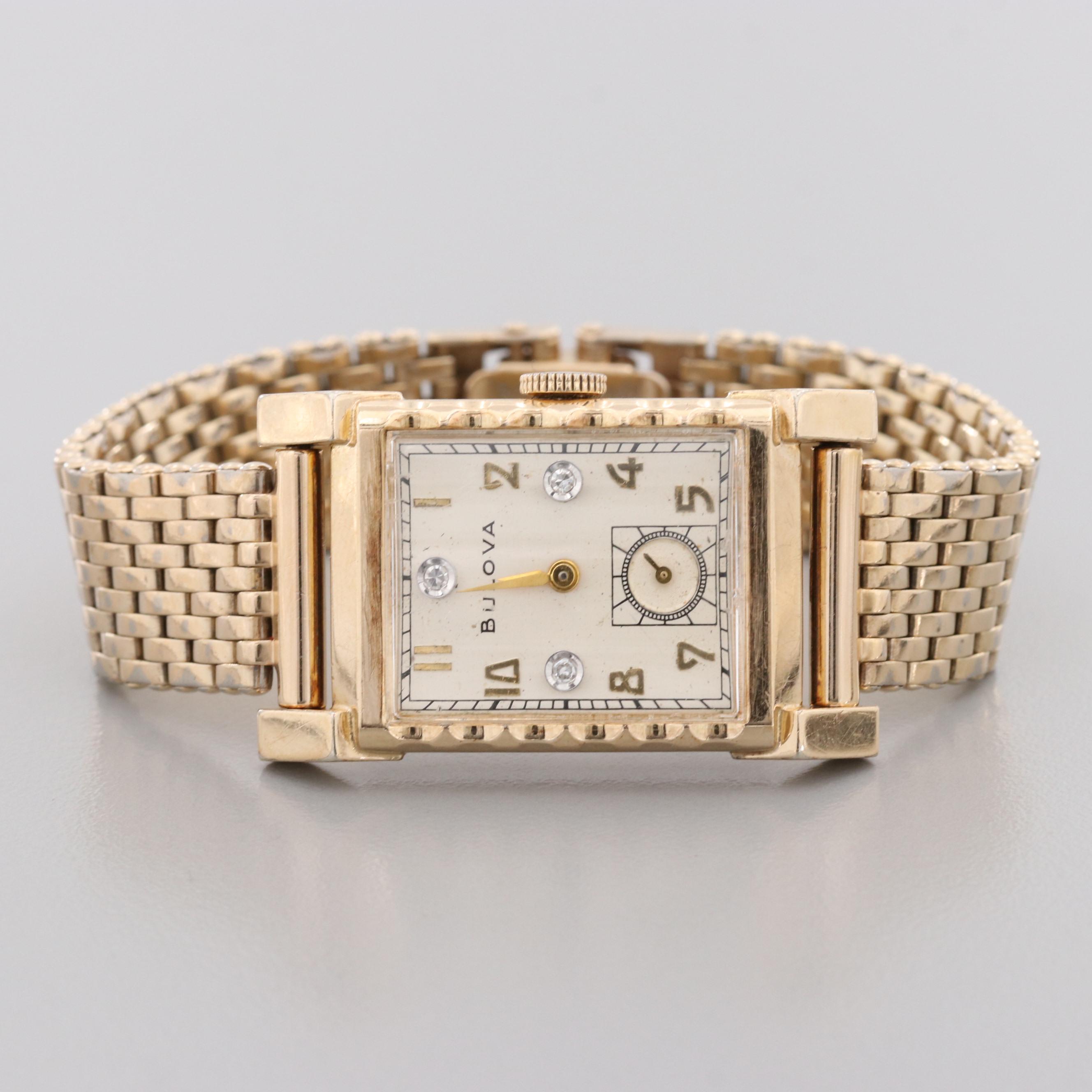 Vintage Bulova 10K Rolled Gold Plate Watch With Diamond Dial