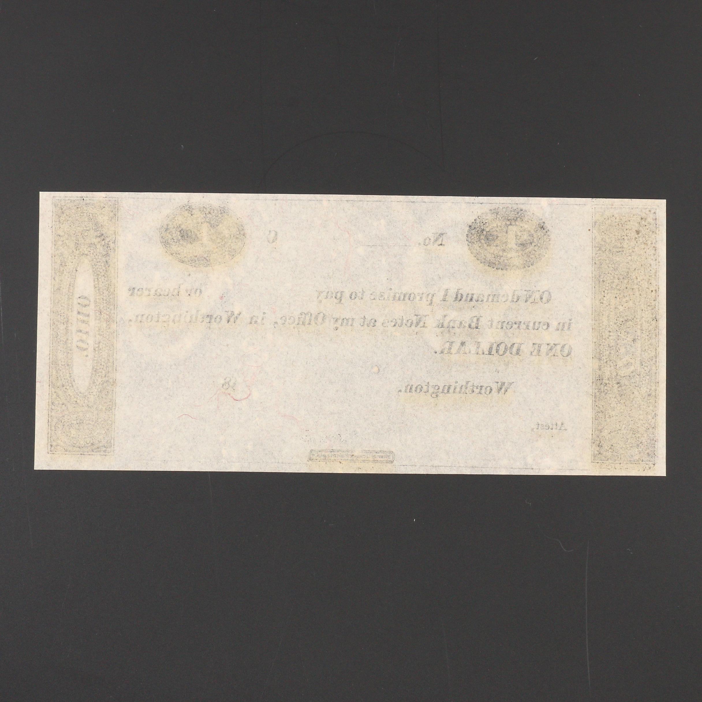 Obsolete $1 Banknote Issued From Worthington, Ohio, Early 1800s