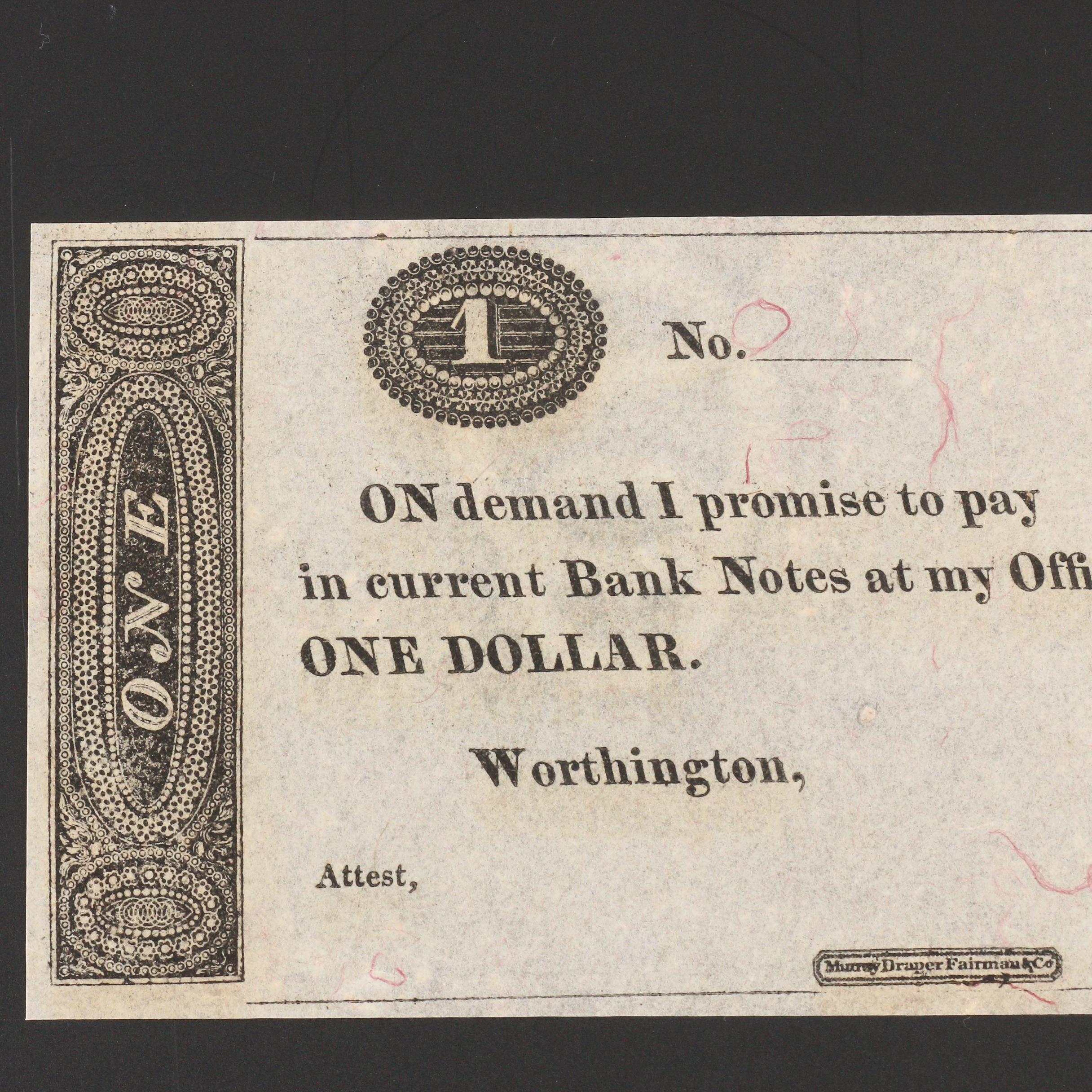 Obsolete $1 Banknote Issued From Worthington, Ohio, Early 1800s