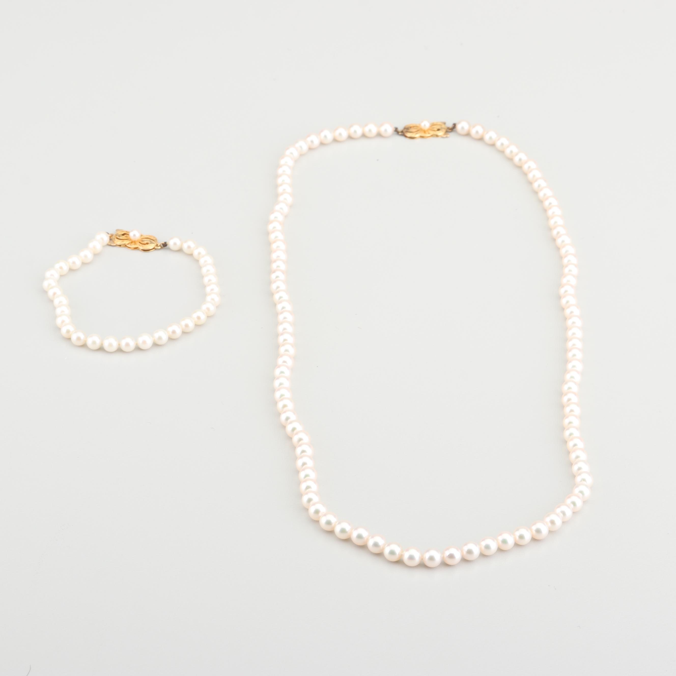 Mikimoto 18K Yellow Gold Saltwater Cultured Pearl Necklace and Bracelet