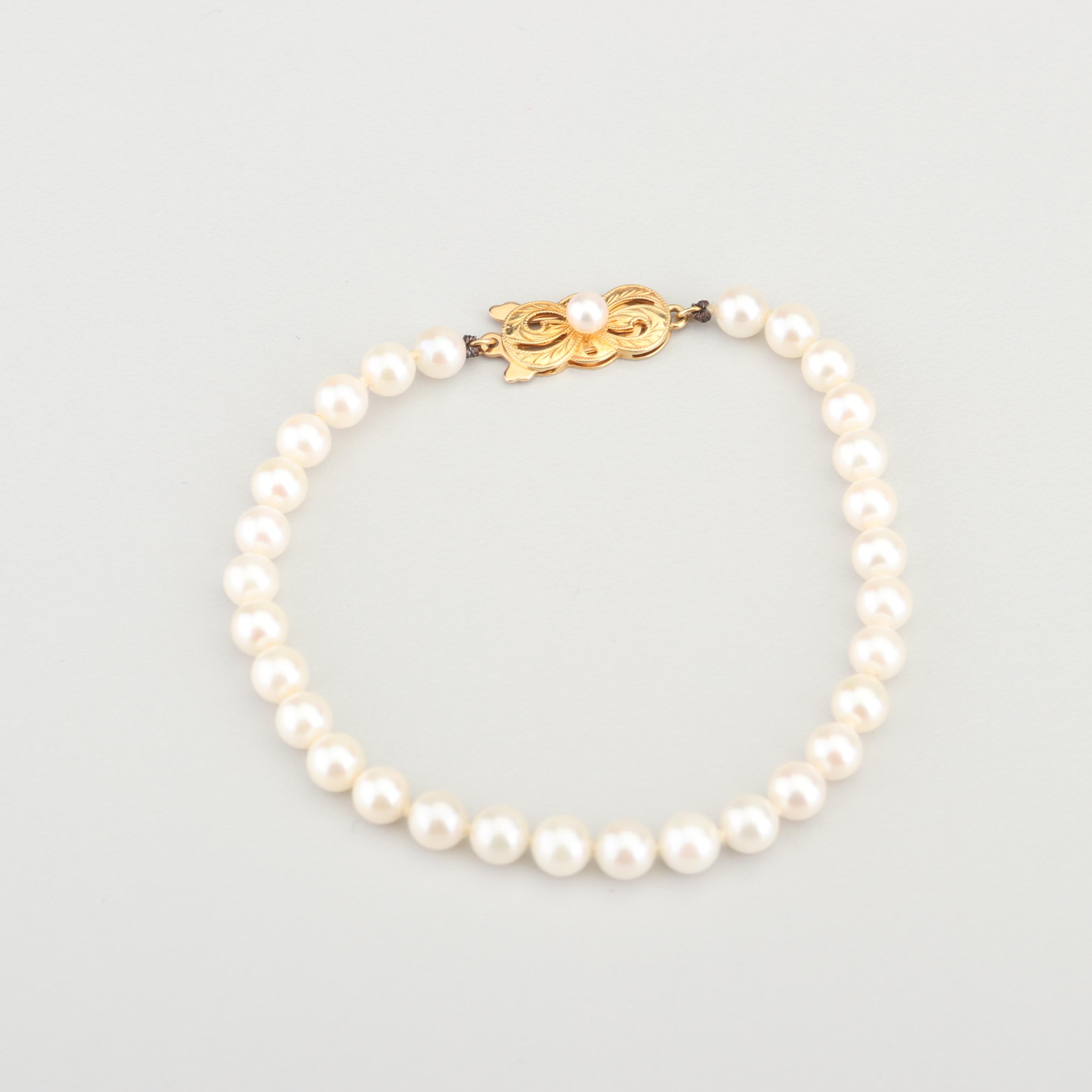 Mikimoto 18K Yellow Gold Saltwater Cultured Pearl Necklace and Bracelet