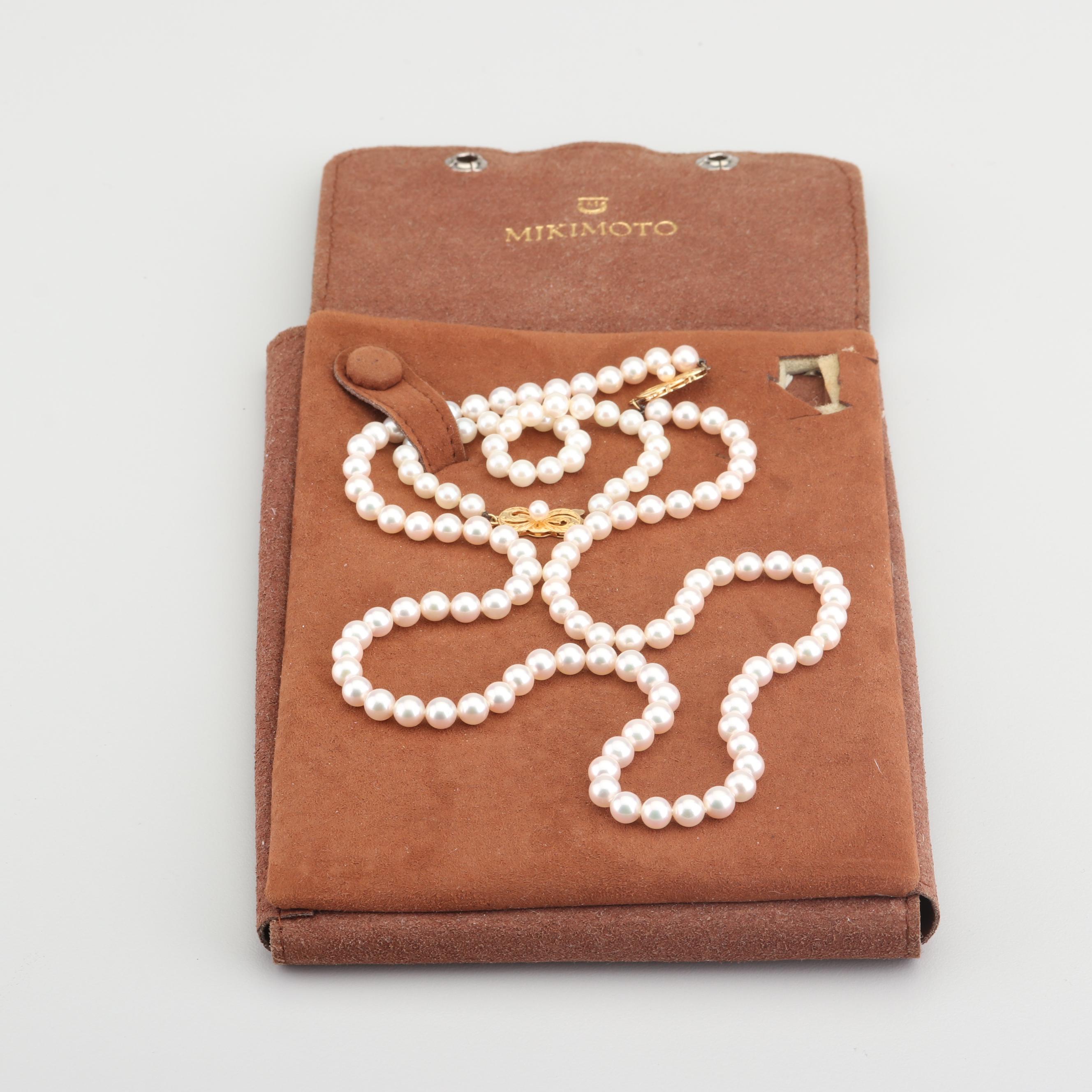 Mikimoto 18K Yellow Gold Saltwater Cultured Pearl Necklace and Bracelet