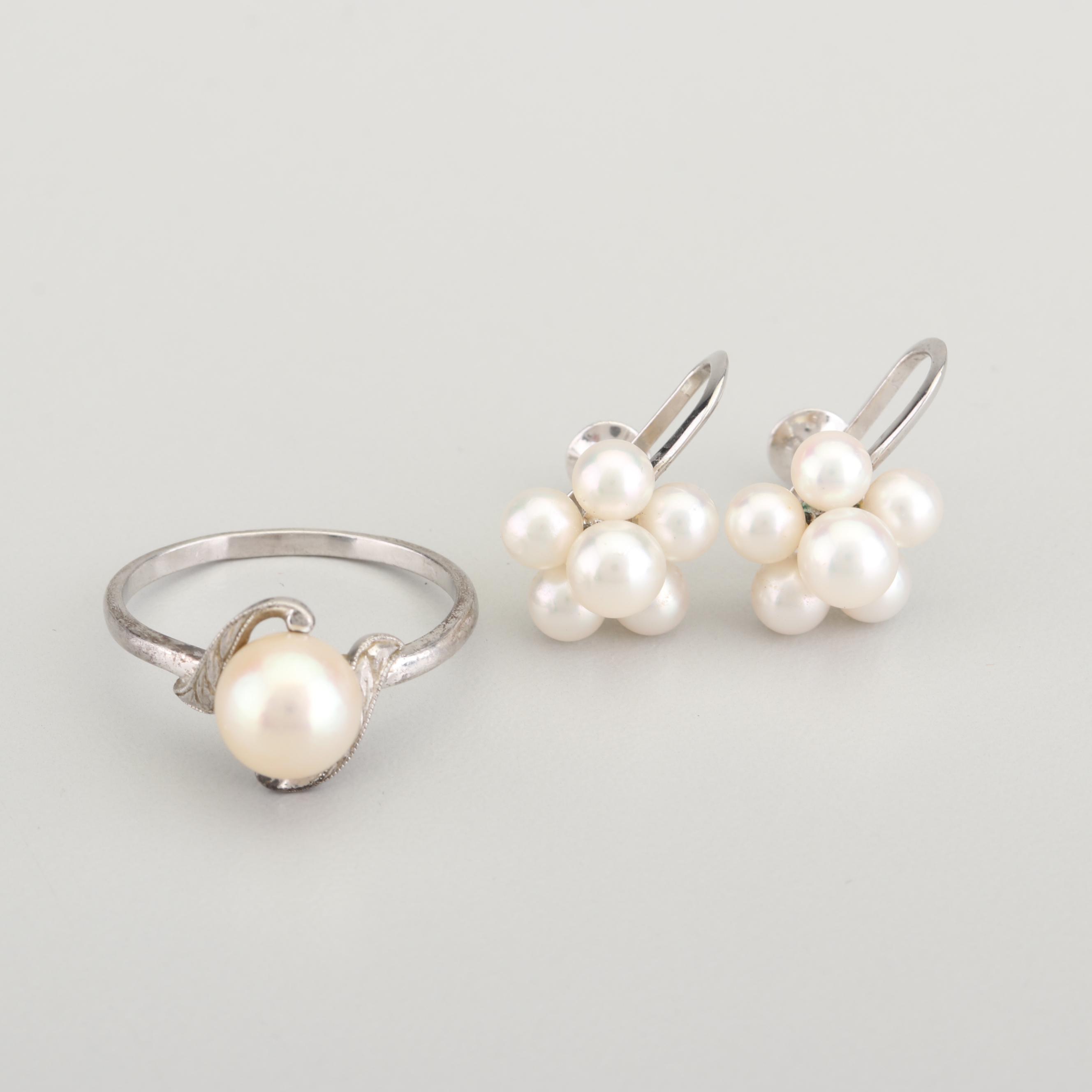 Mikimoto Sterling Silver Freshwater Cultured Pearl Ring and Earrings