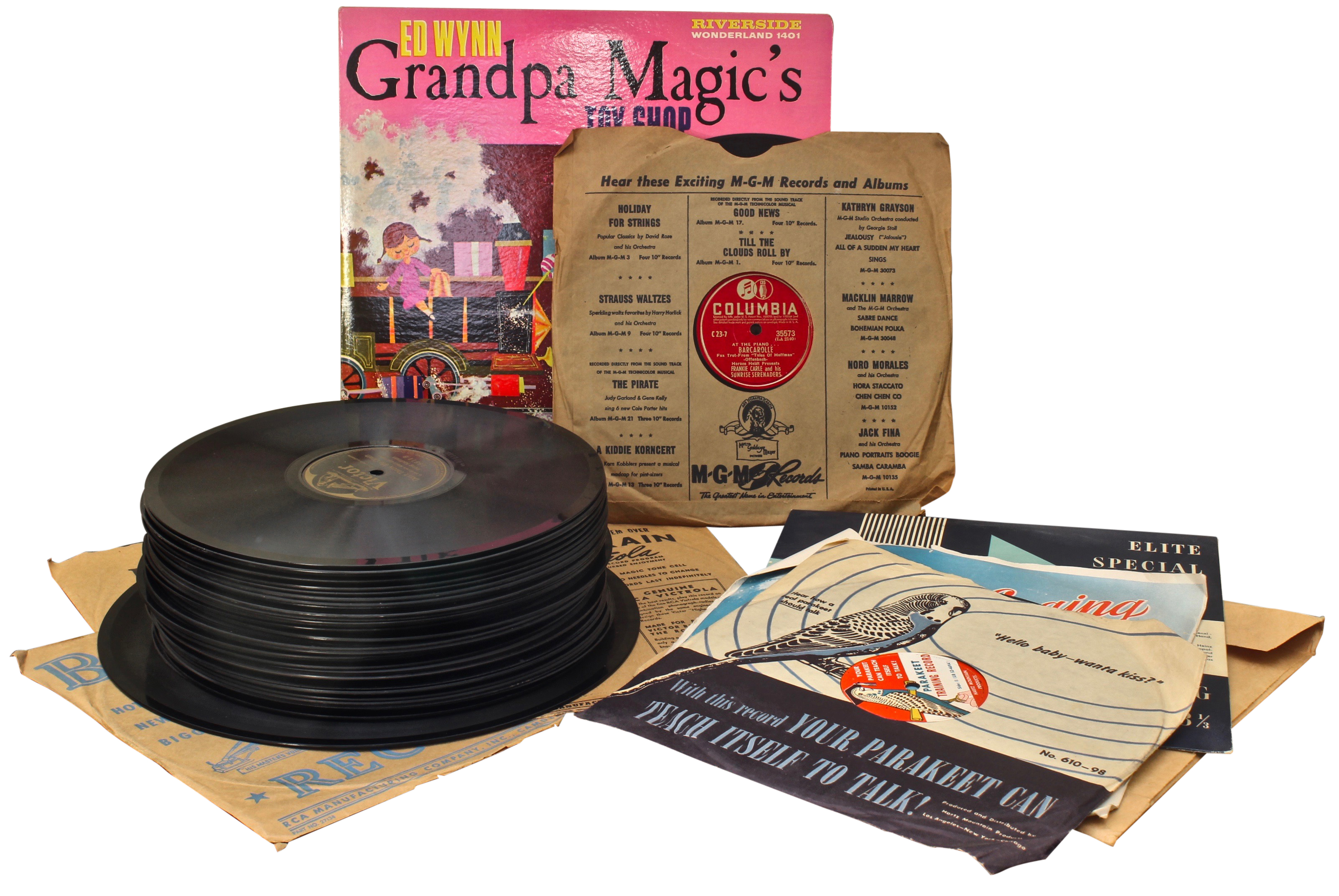 Antique Victrola Table and Record Selection