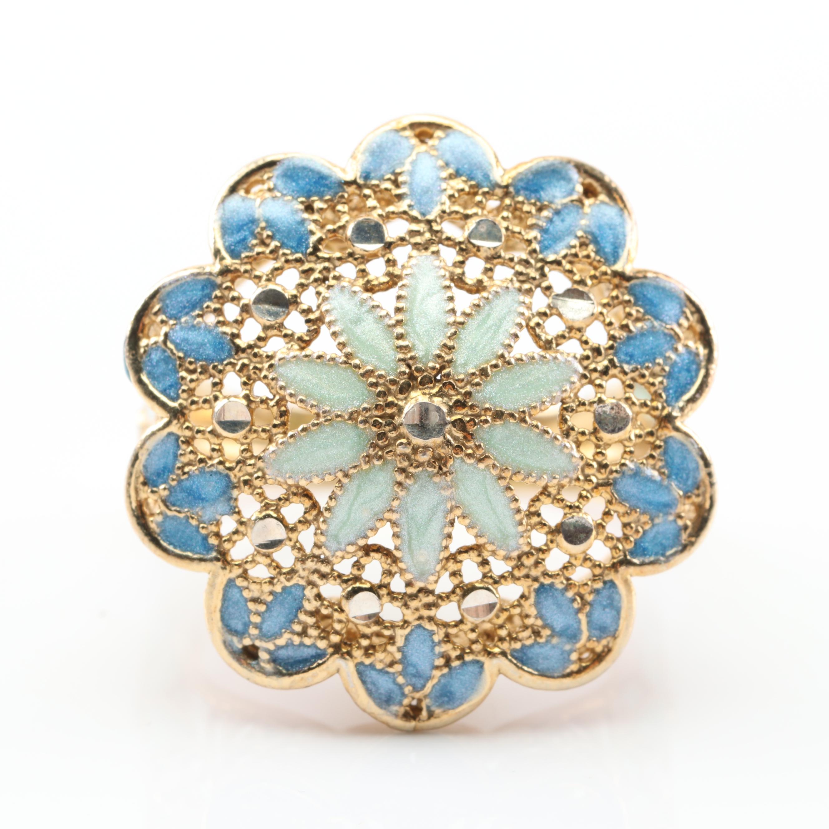 Sterling Silver Floral Enamel Inlay Filigree Ring with Gold Wash