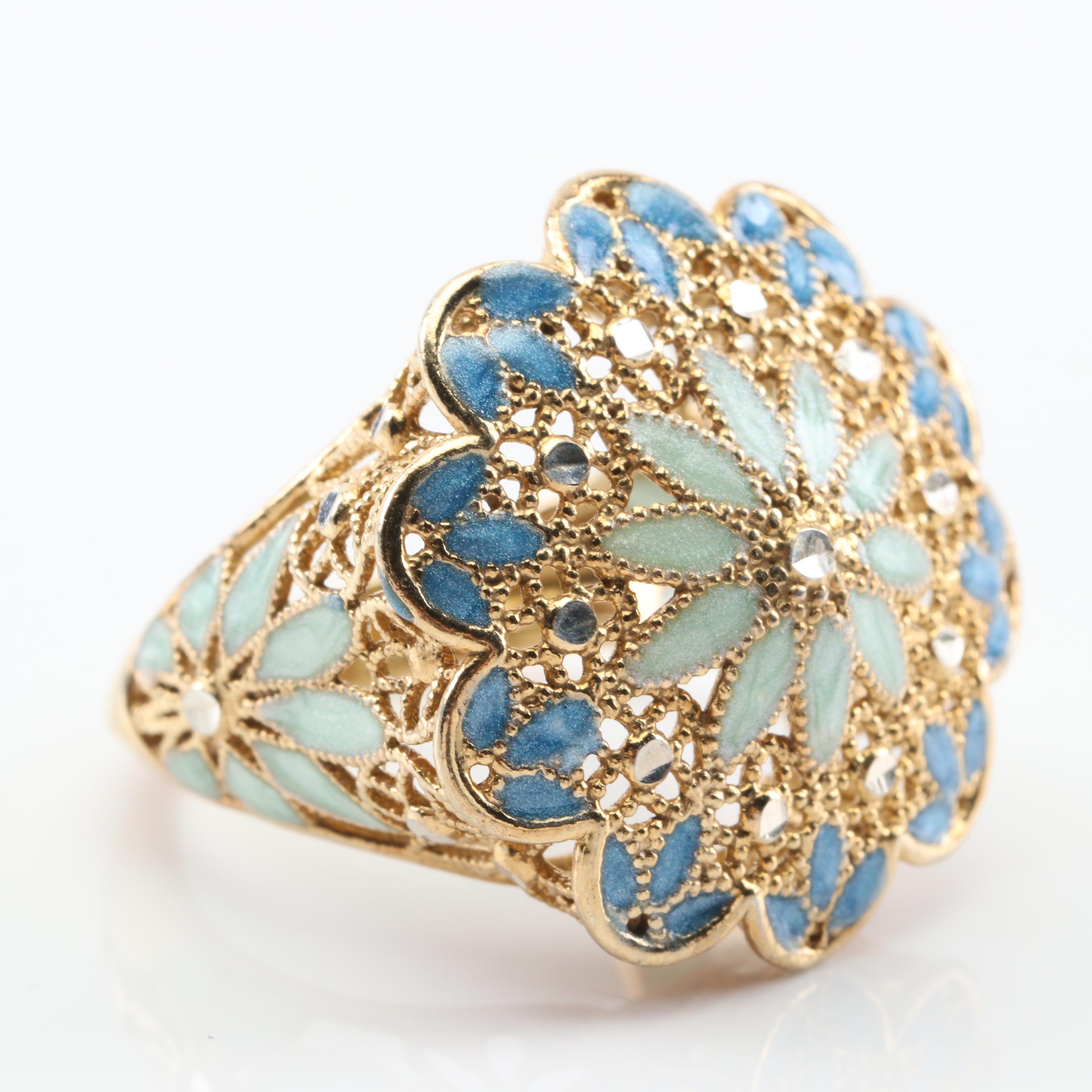 Sterling Silver Floral Enamel Inlay Filigree Ring with Gold Wash