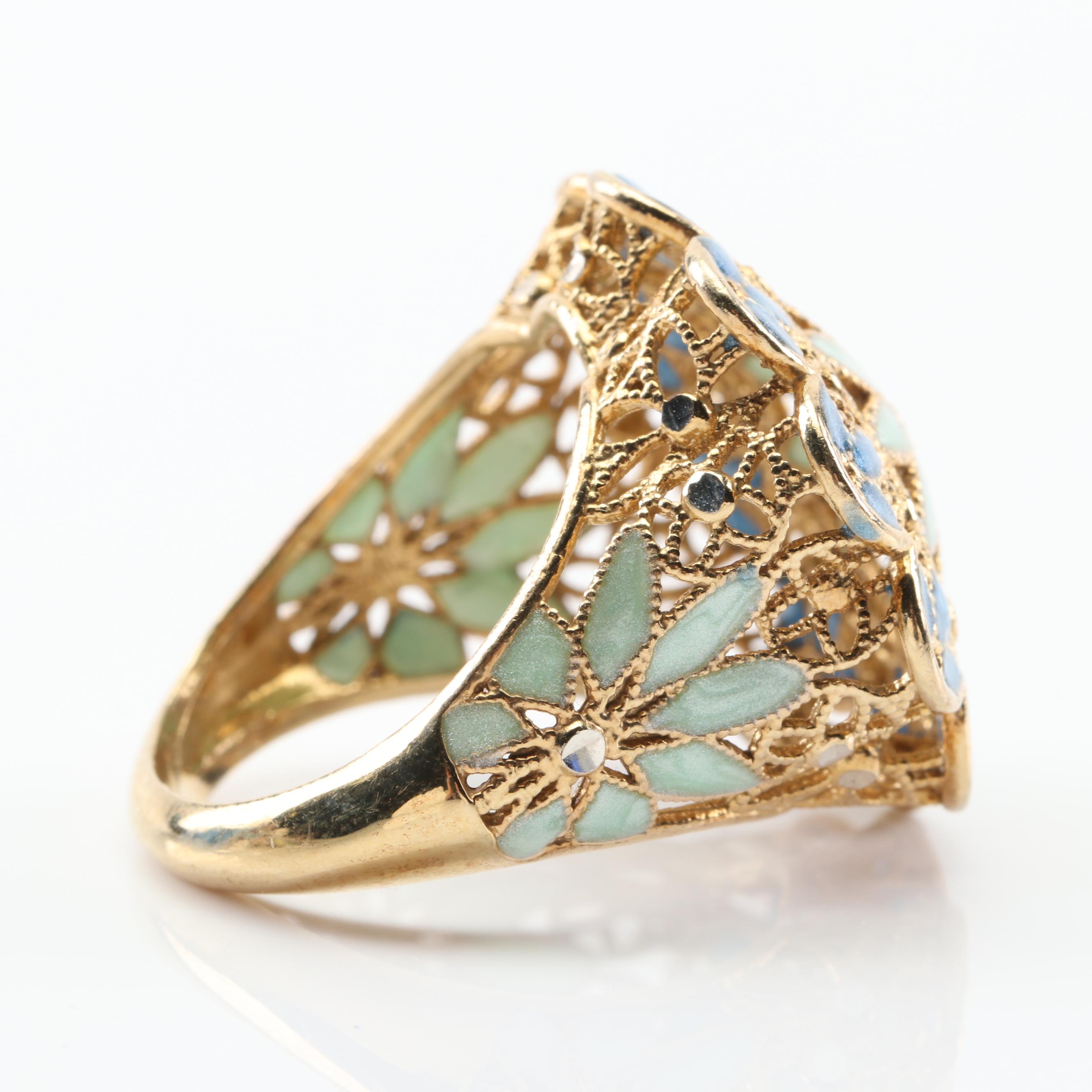 Sterling Silver Floral Enamel Inlay Filigree Ring with Gold Wash