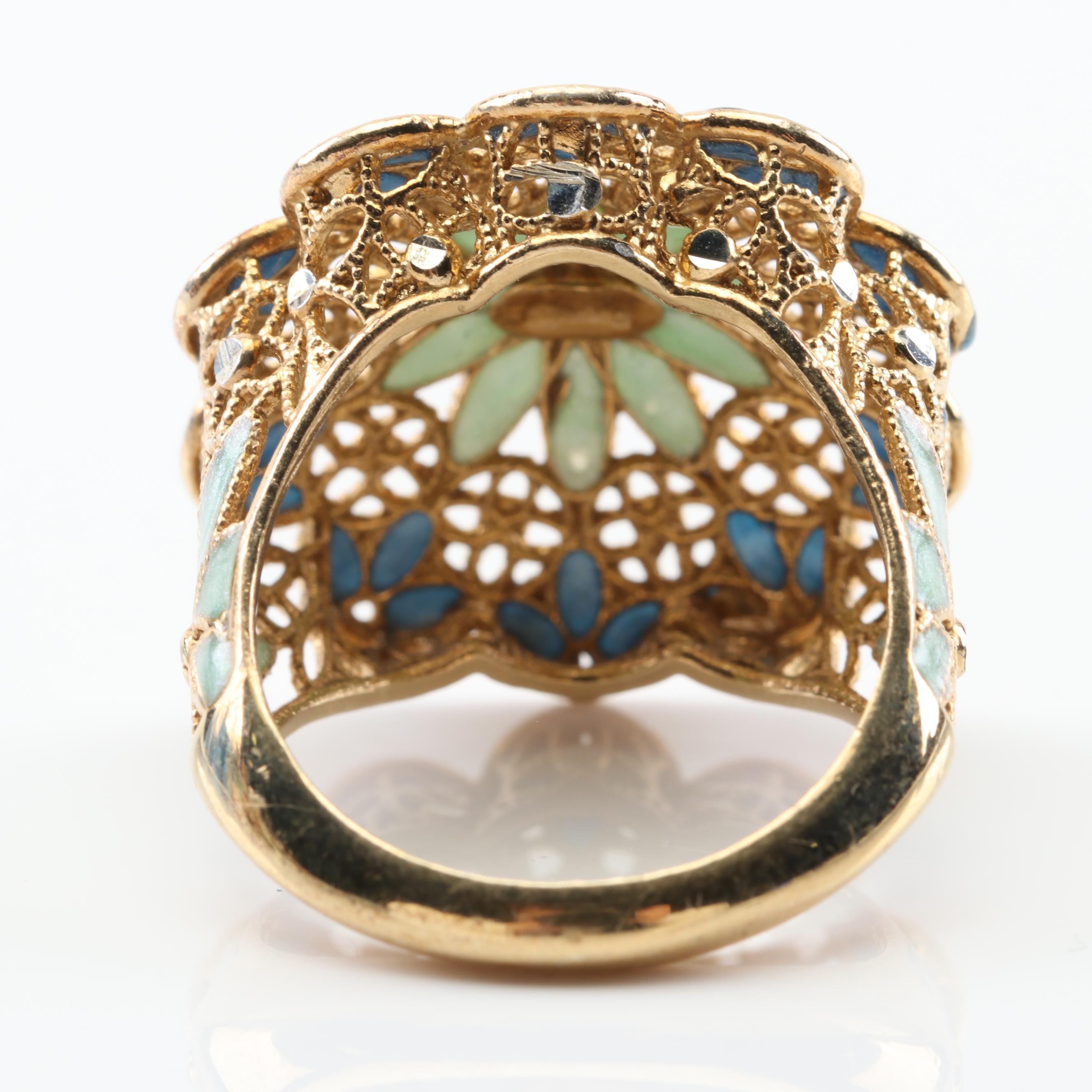 Sterling Silver Floral Enamel Inlay Filigree Ring with Gold Wash