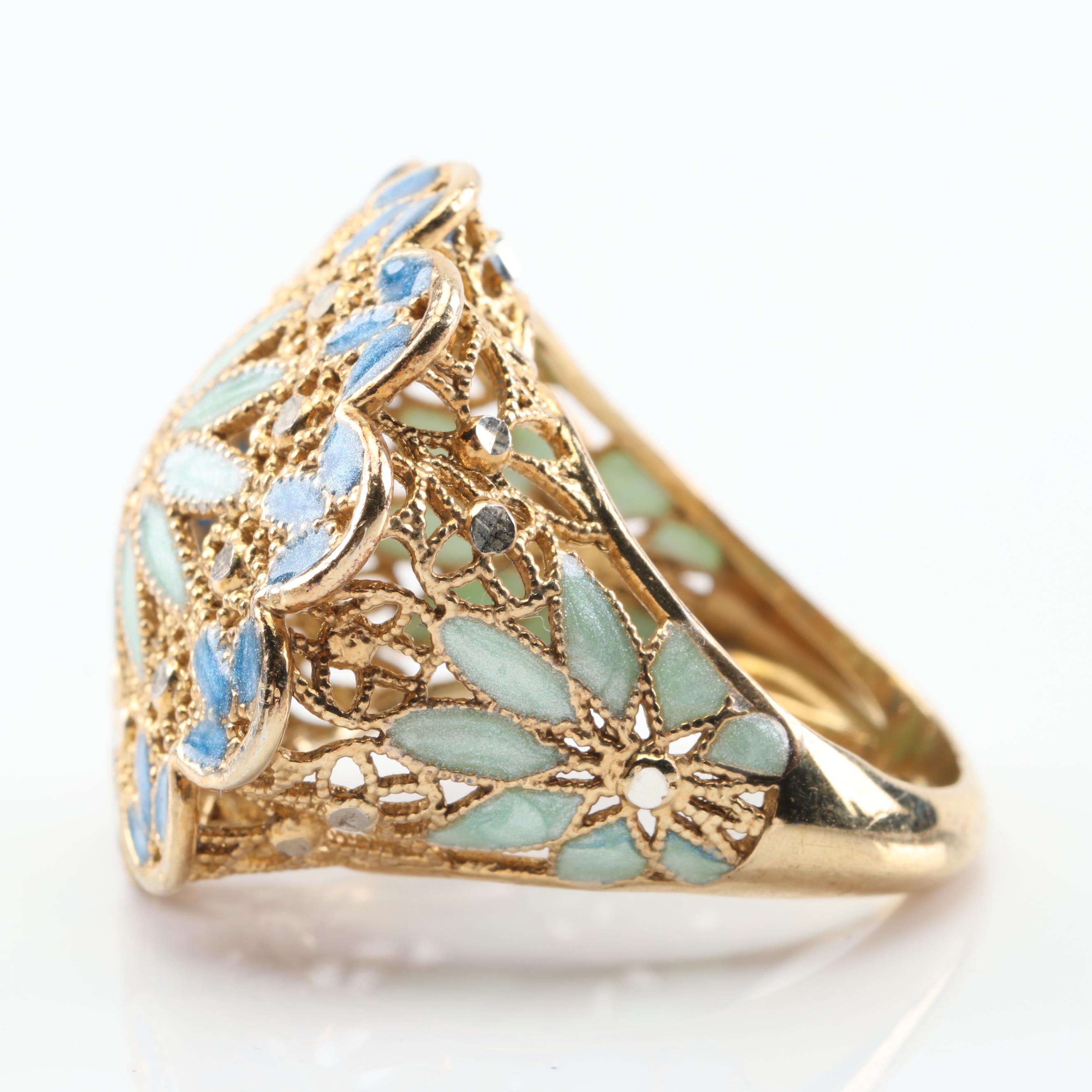 Sterling Silver Floral Enamel Inlay Filigree Ring with Gold Wash
