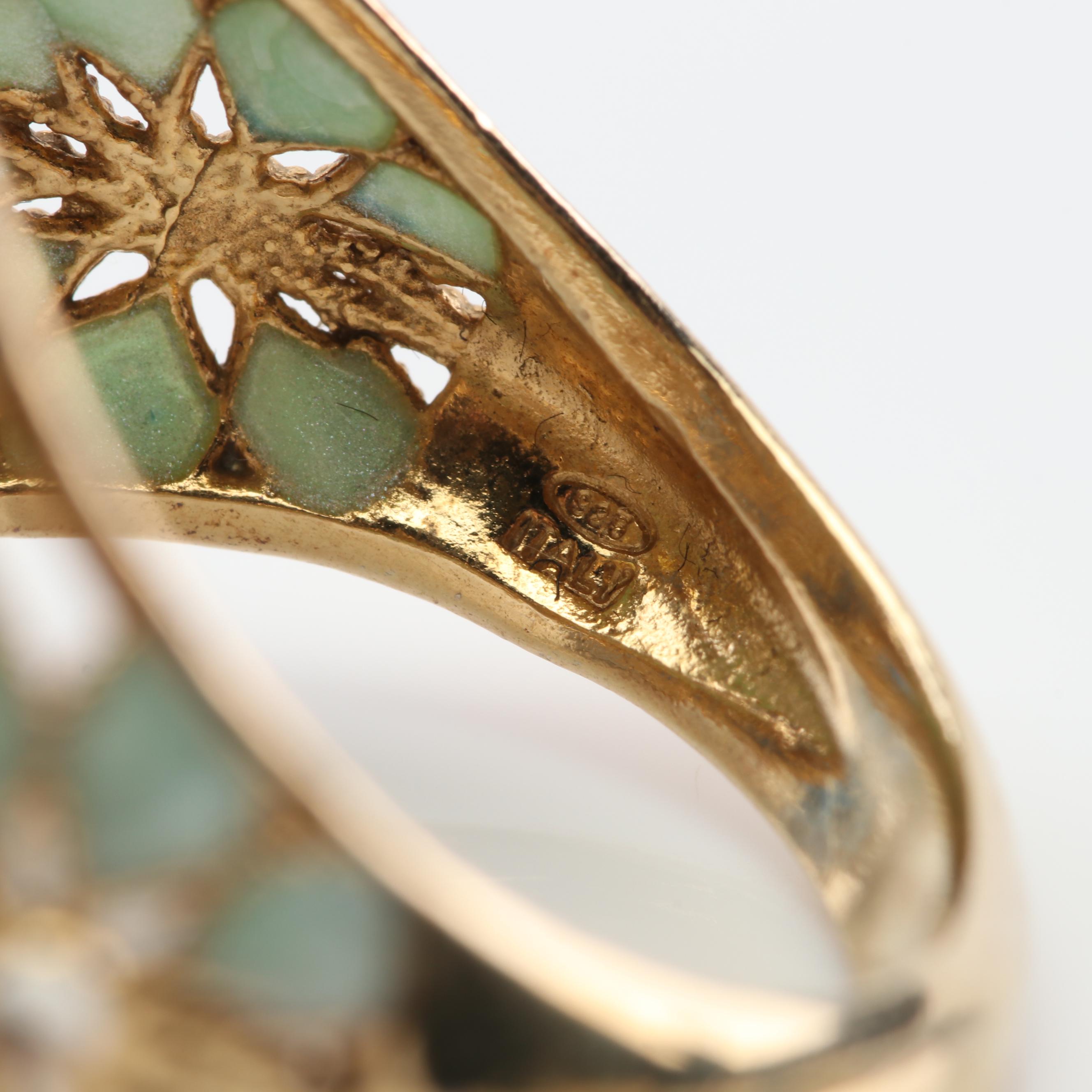 Sterling Silver Floral Enamel Inlay Filigree Ring with Gold Wash