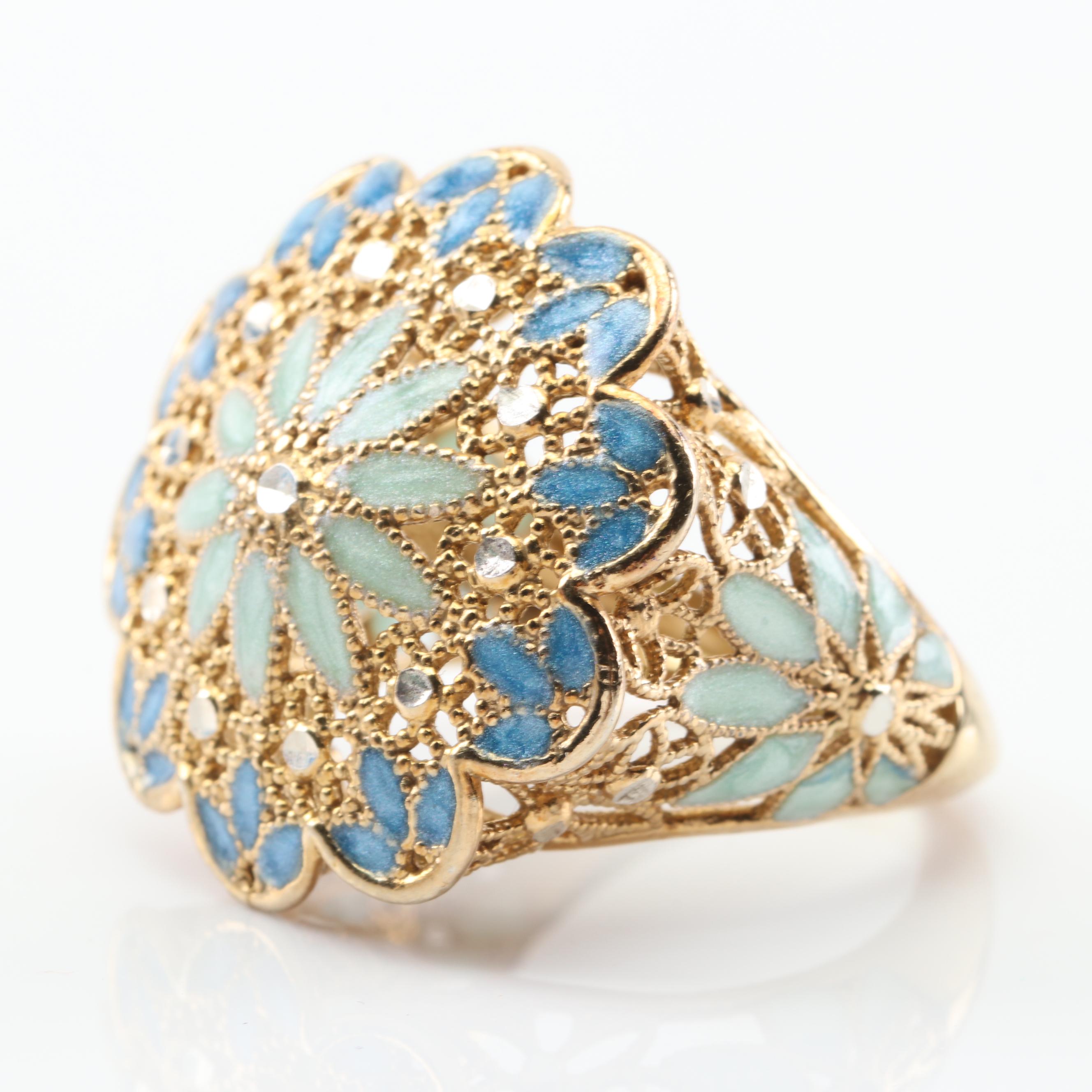 Sterling Silver Floral Enamel Inlay Filigree Ring with Gold Wash
