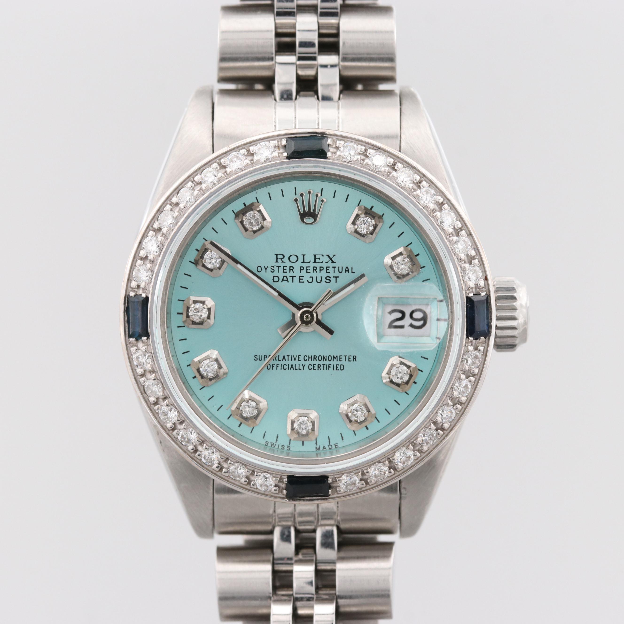 Rolex Datejust Stainless Steel Watch With Diamonds and Sapphires, 1978