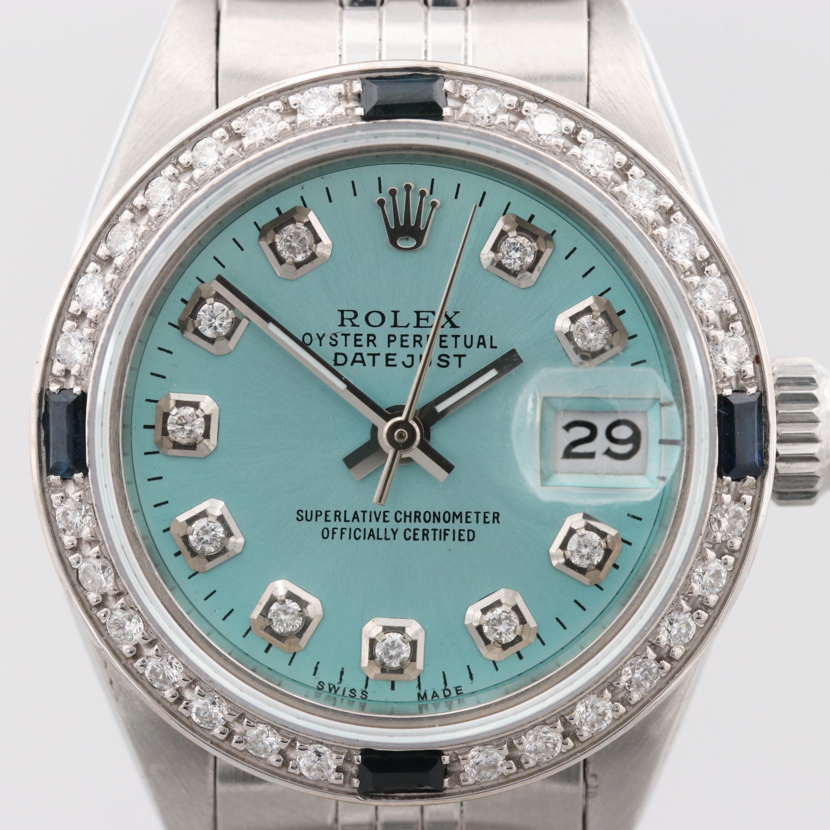 Rolex Datejust Stainless Steel Watch With Diamonds and Sapphires, 1978