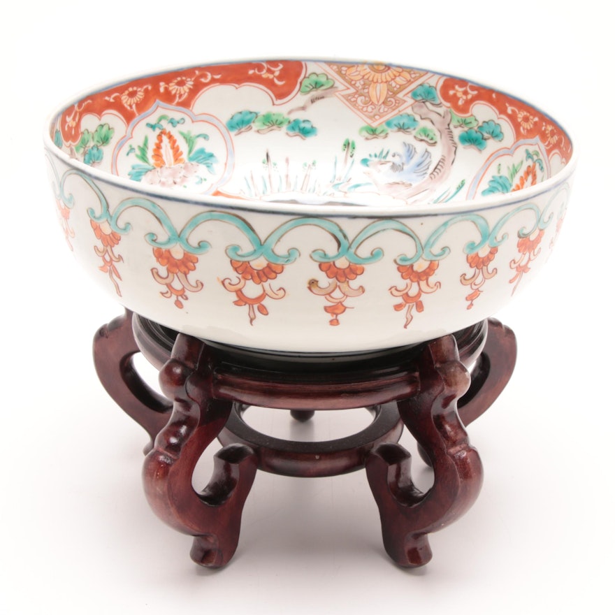 Antique Japanese Porcelain Bowl on Wooden Display Stand