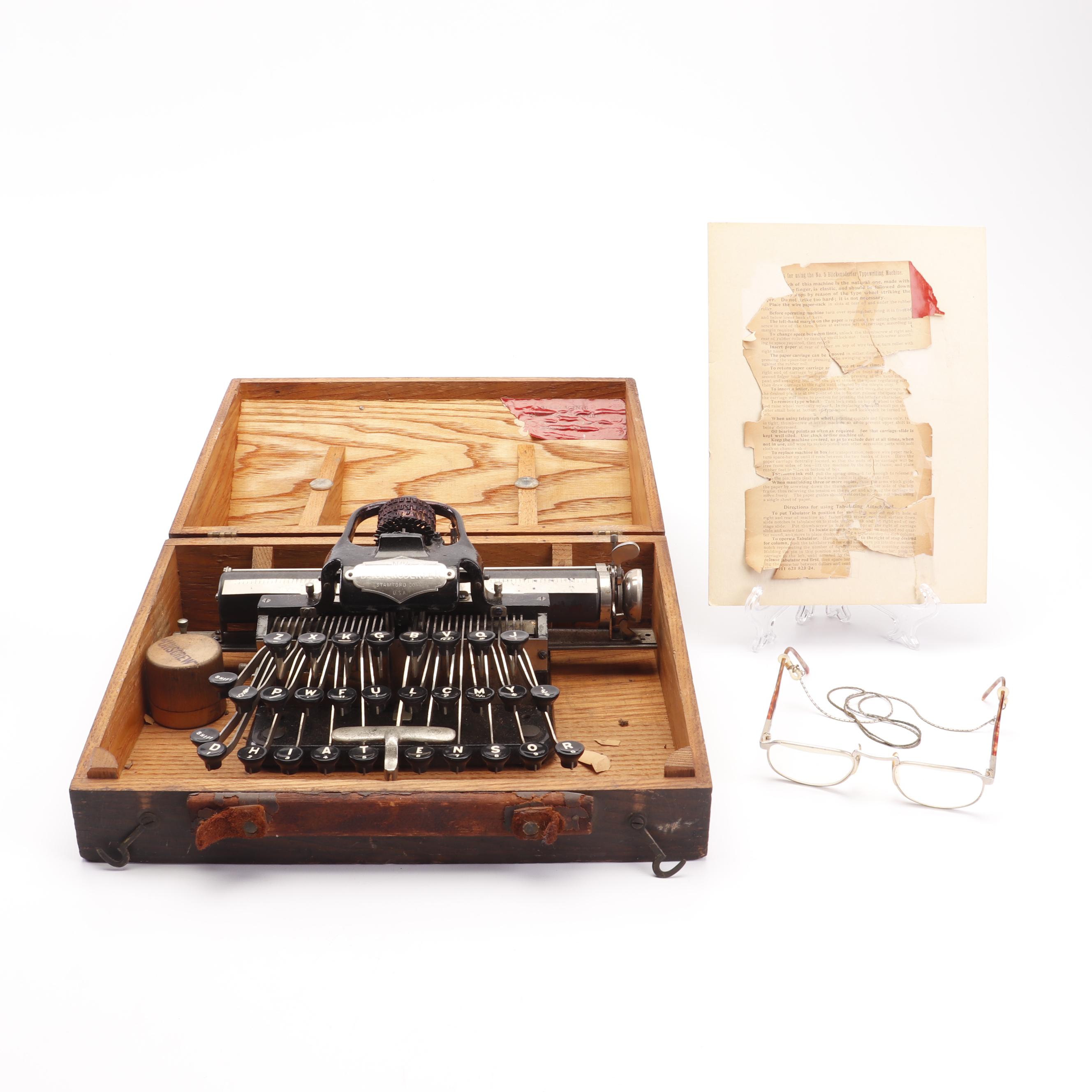 Blickensderfer No. 5 Typewriter, circa 1895, with Reading Glasses