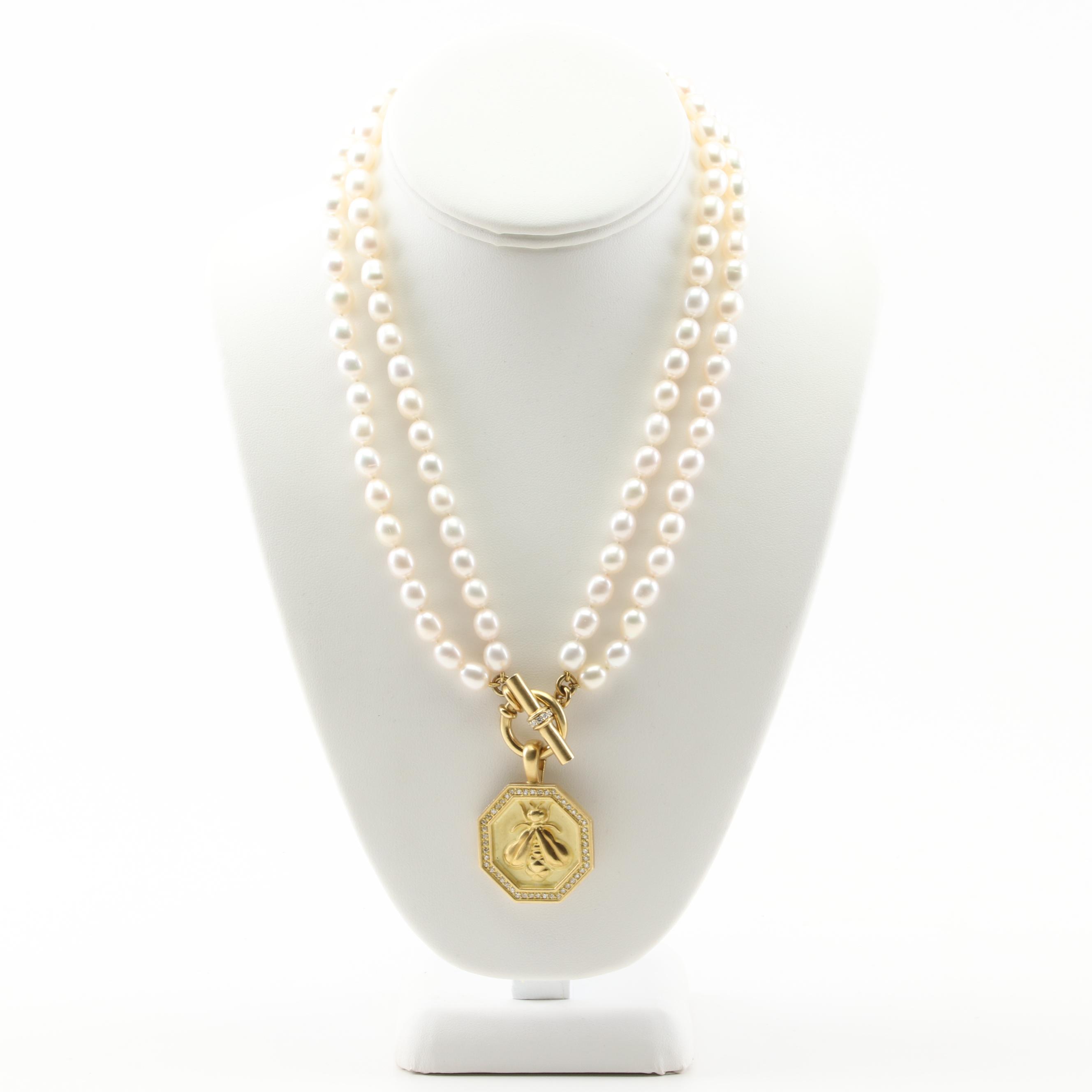 Slane & Slane 18K Yellow Gold Freshwater Pearl Necklace with Diamond Bee Pendant