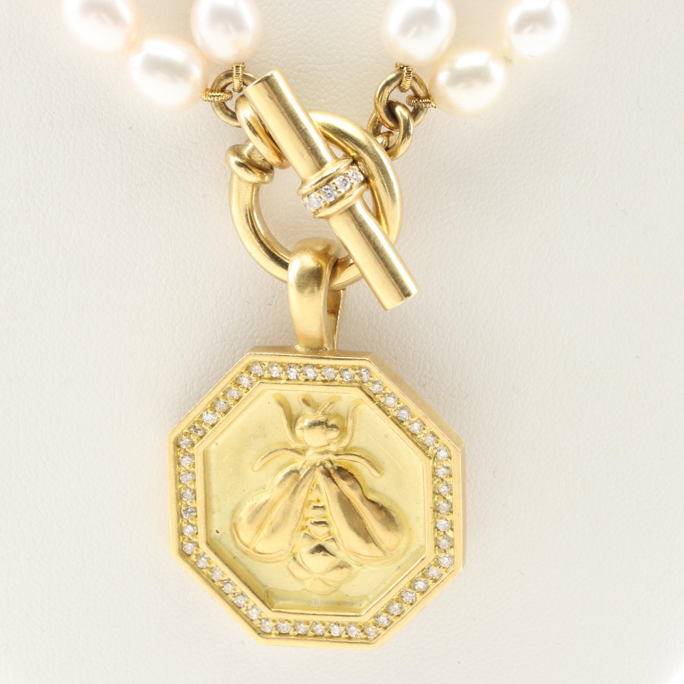 Slane & Slane 18K Yellow Gold Freshwater Pearl Necklace with Diamond Bee Pendant