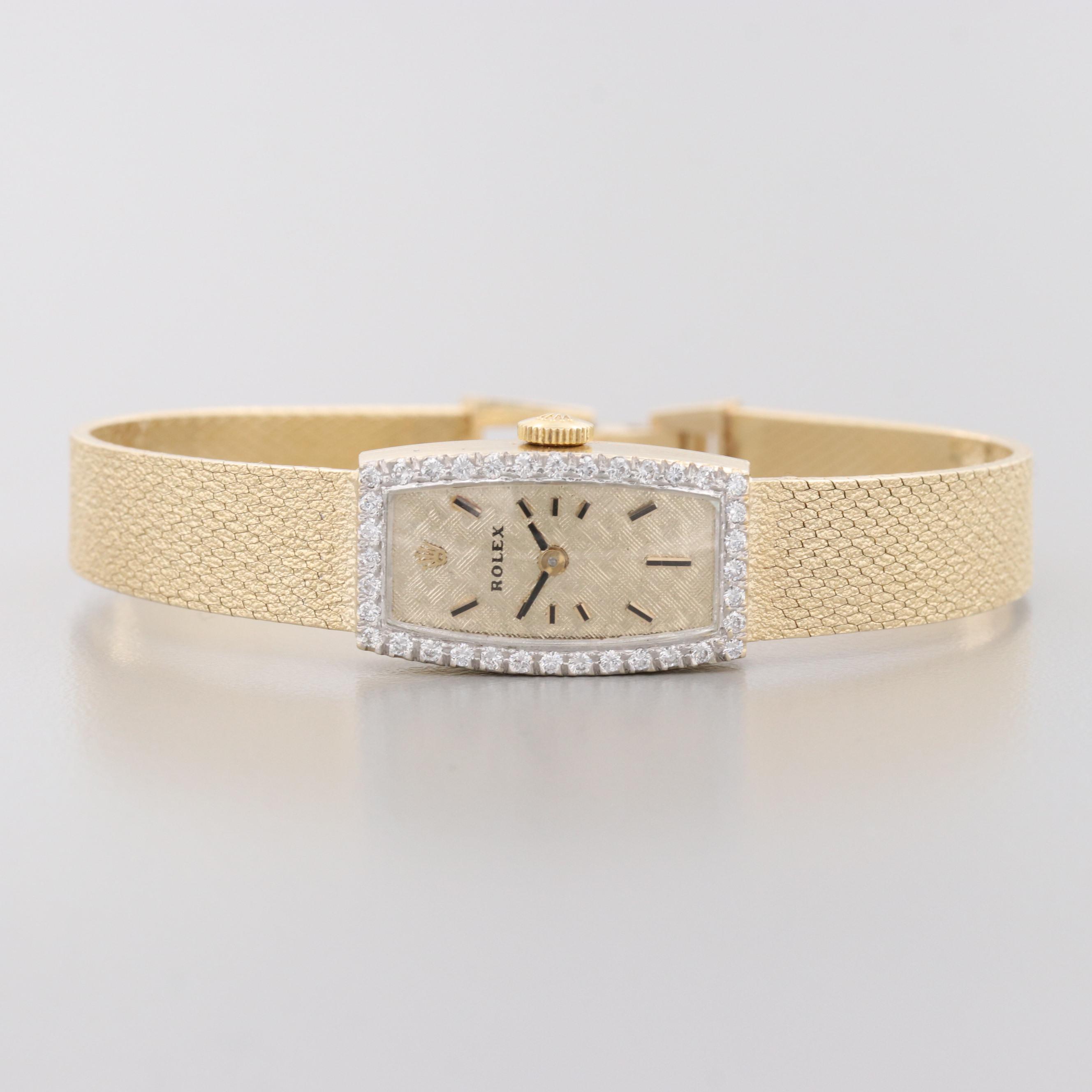 Vintage Rolex 14K Yellow Gold Stem Wind Watch With Diamond Bezel