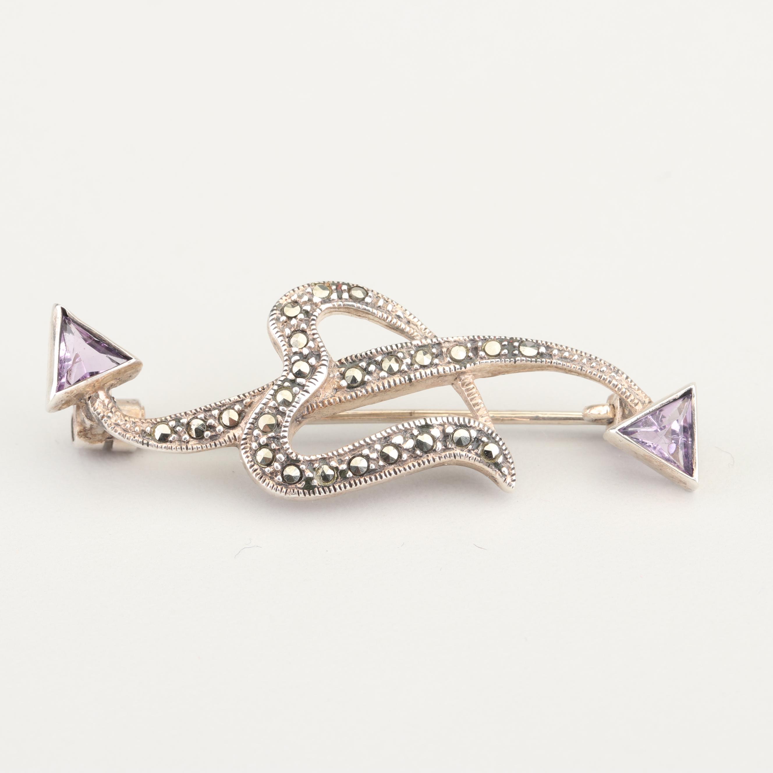 Bellarri Sterling Silver 1.50 CT Amethyst and Marcasite Brooch