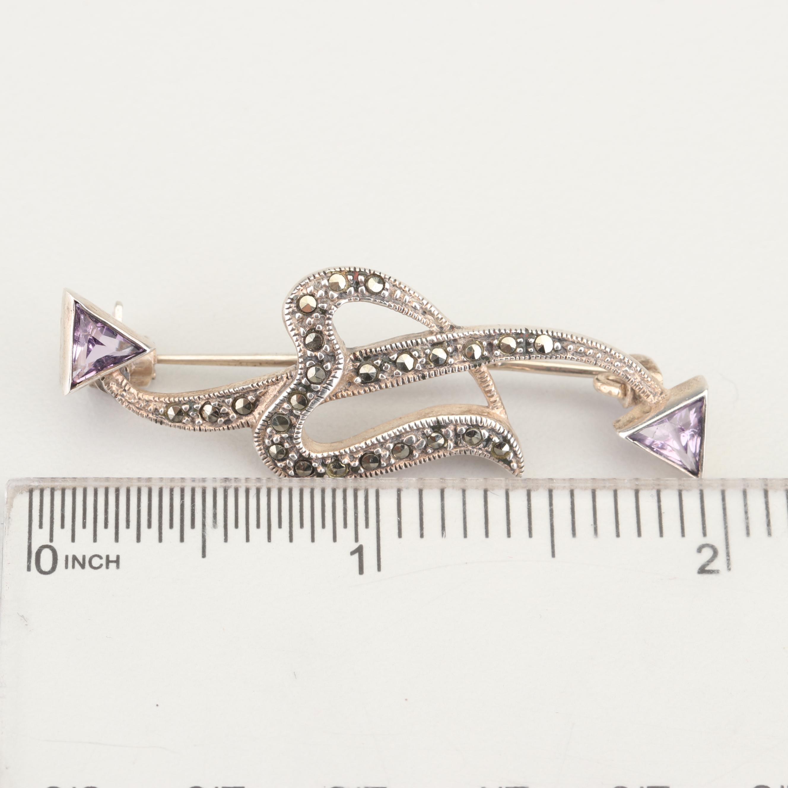 Bellarri Sterling Silver 1.50 CT Amethyst and Marcasite Brooch