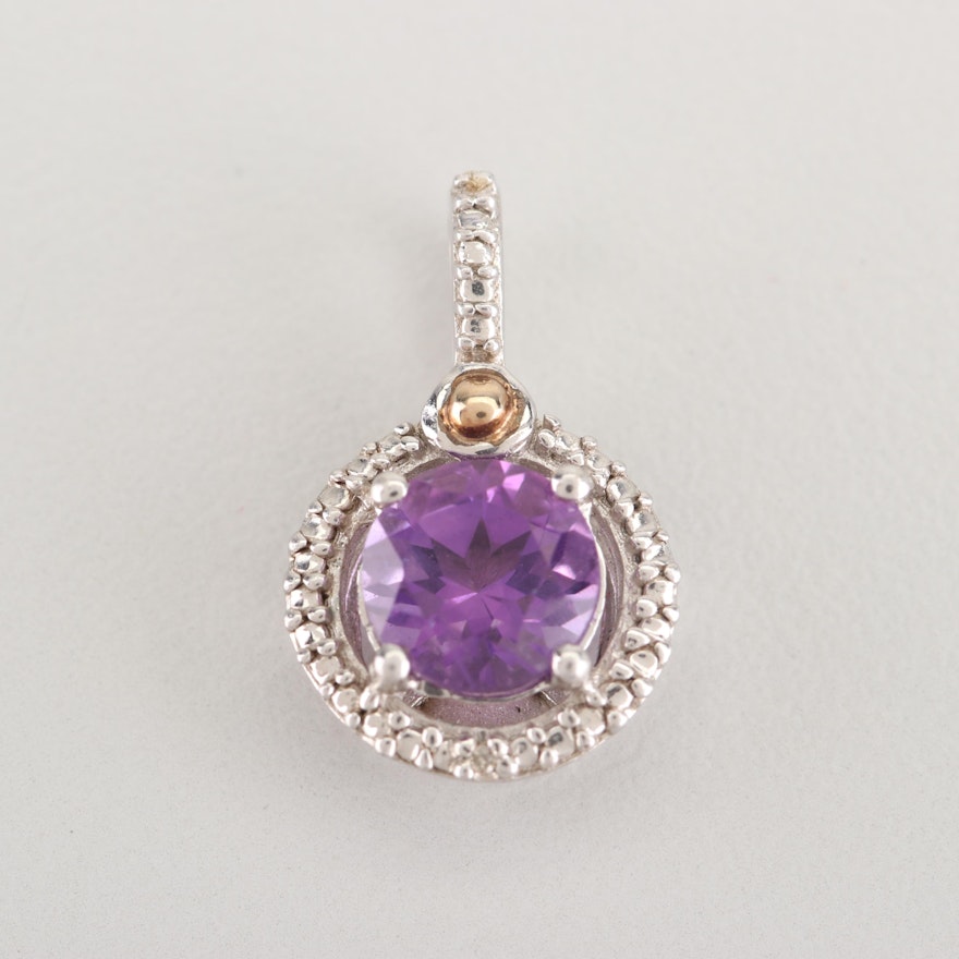 Sterling Silver 14K Gold Accented Amethyst and Diamond Pendant