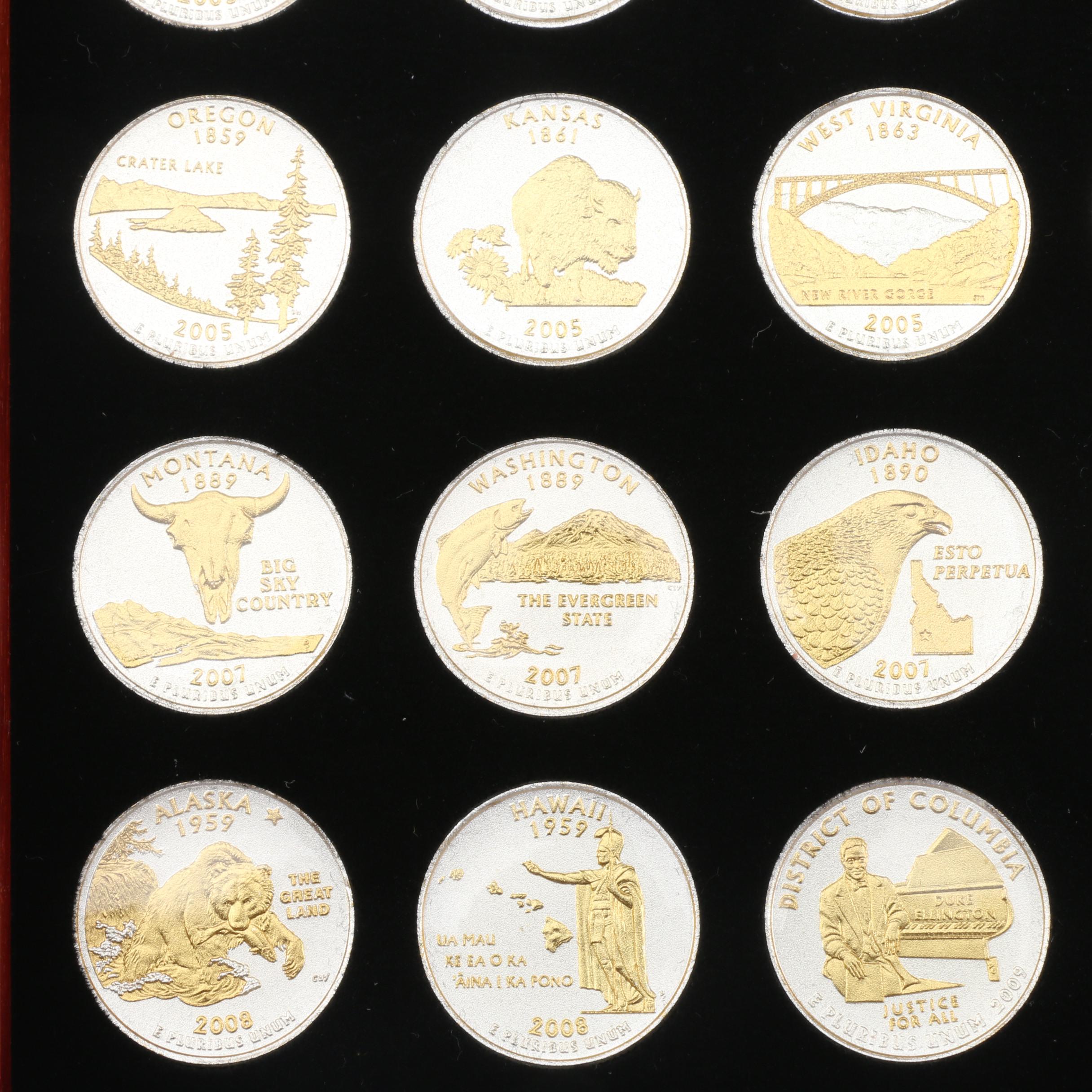 Collection of Fifty-Six Gold and Silver Highlighted Statehood Quarters