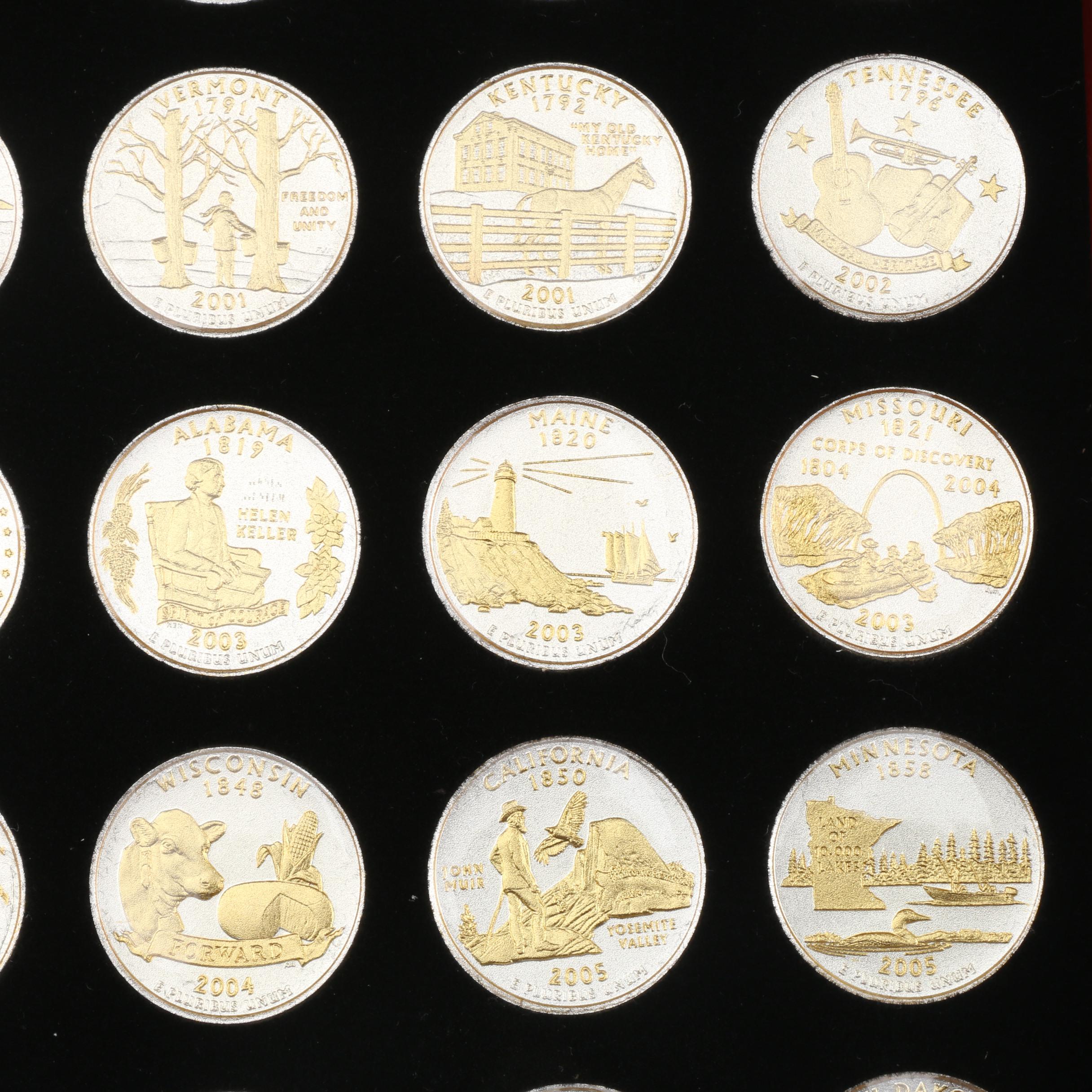 Collection of Fifty-Six Gold and Silver Highlighted Statehood Quarters