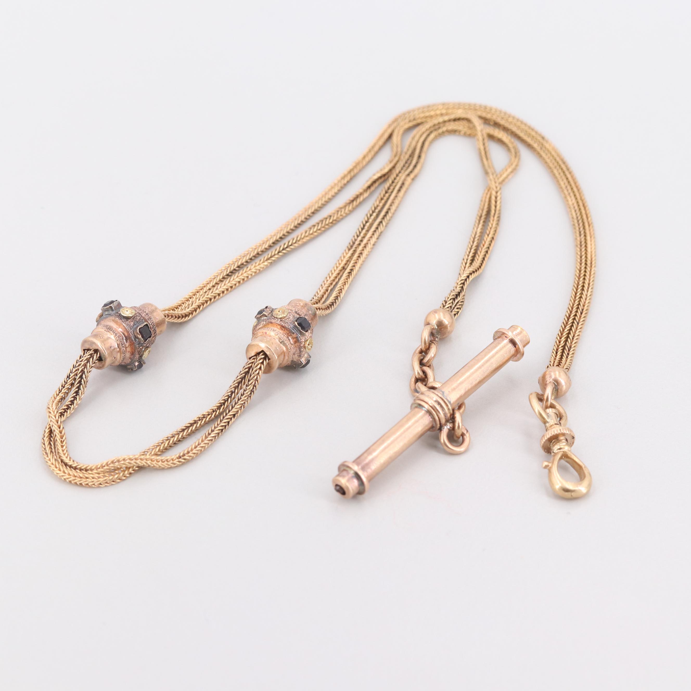 Antique French 18K Yellow and Rose Gold Blue Glass Watch Fob Chain