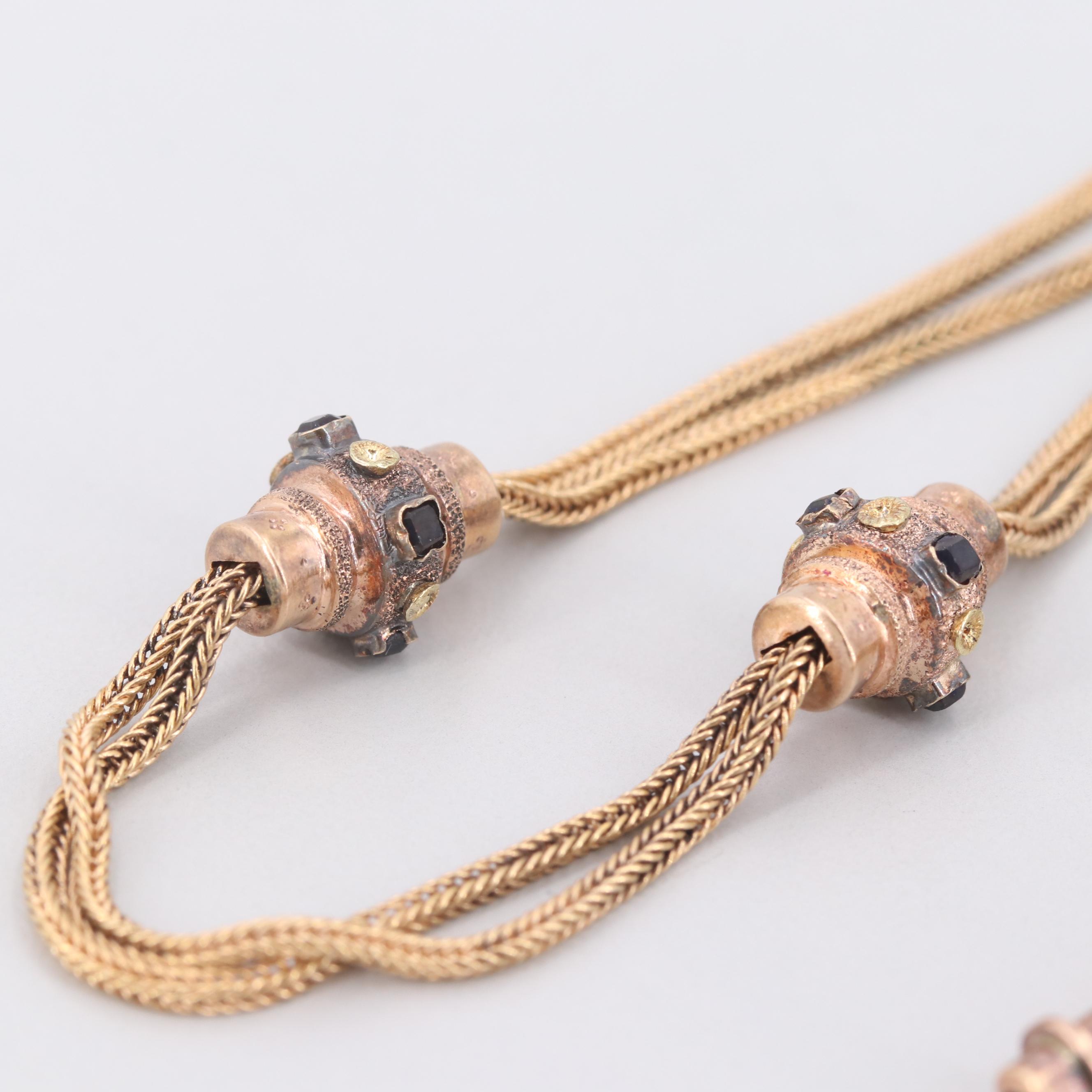 Antique French 18K Yellow and Rose Gold Blue Glass Watch Fob Chain