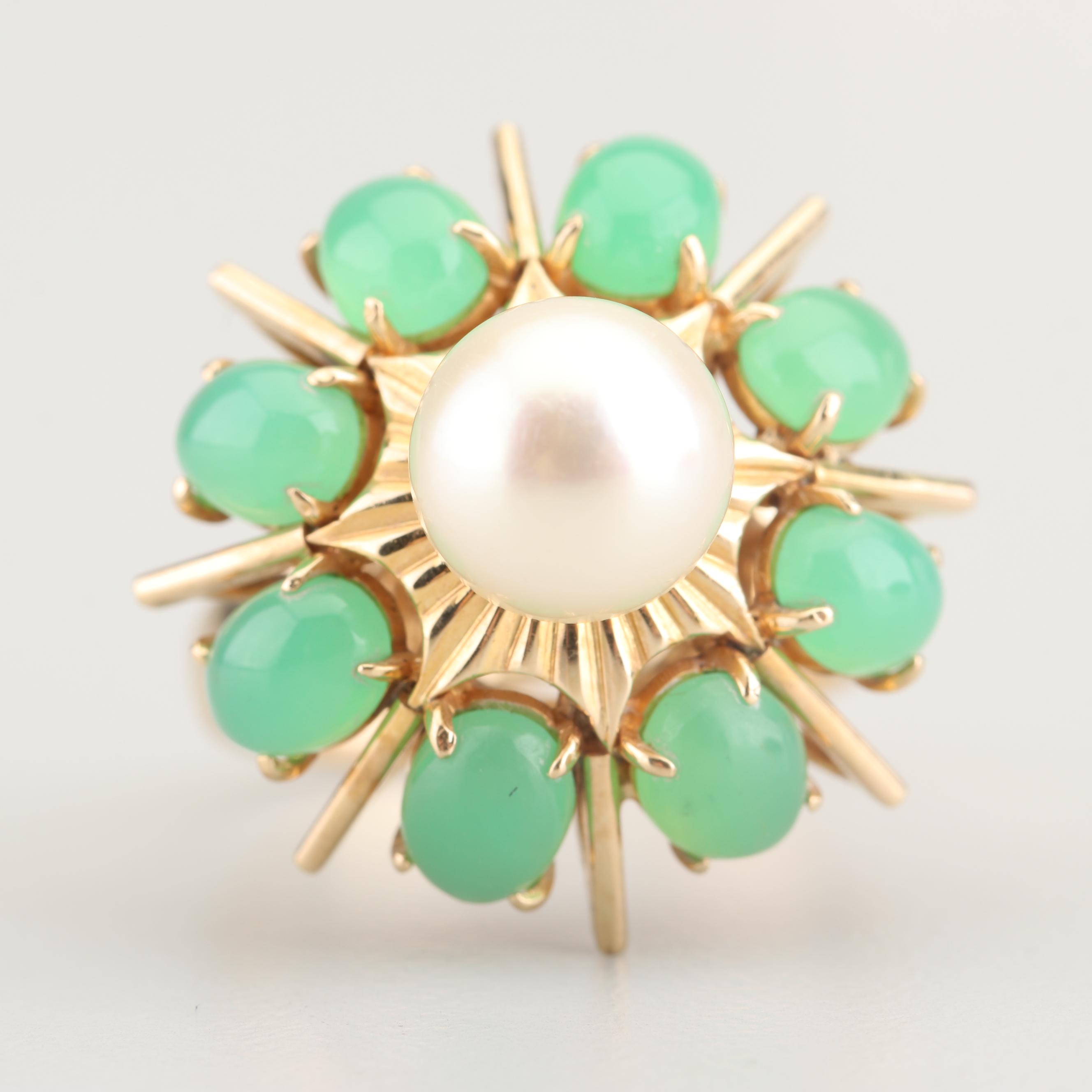 14K Yellow Gold Cultured Saltwater Pearl and Chrysoprase Ring