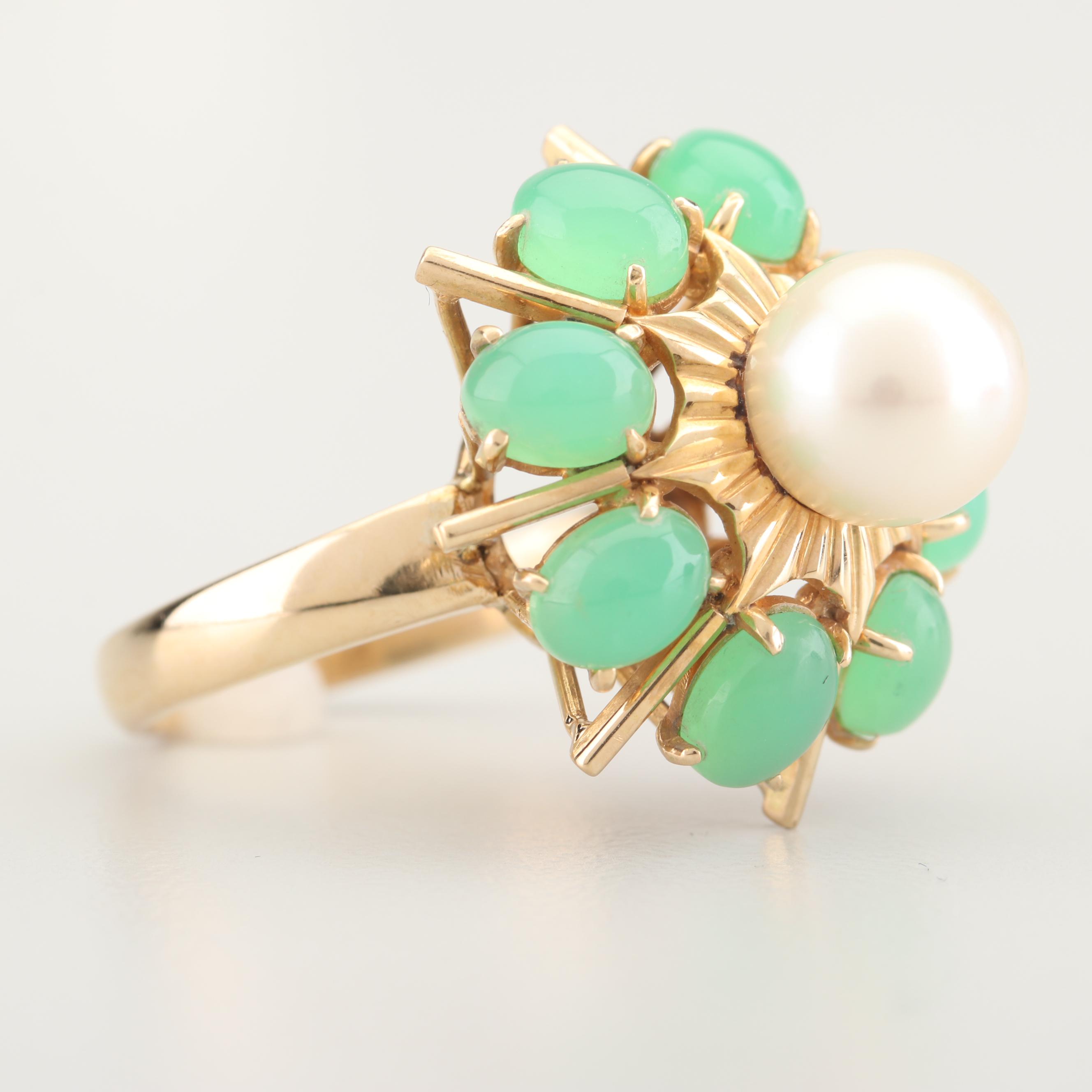 14K Yellow Gold Cultured Saltwater Pearl and Chrysoprase Ring