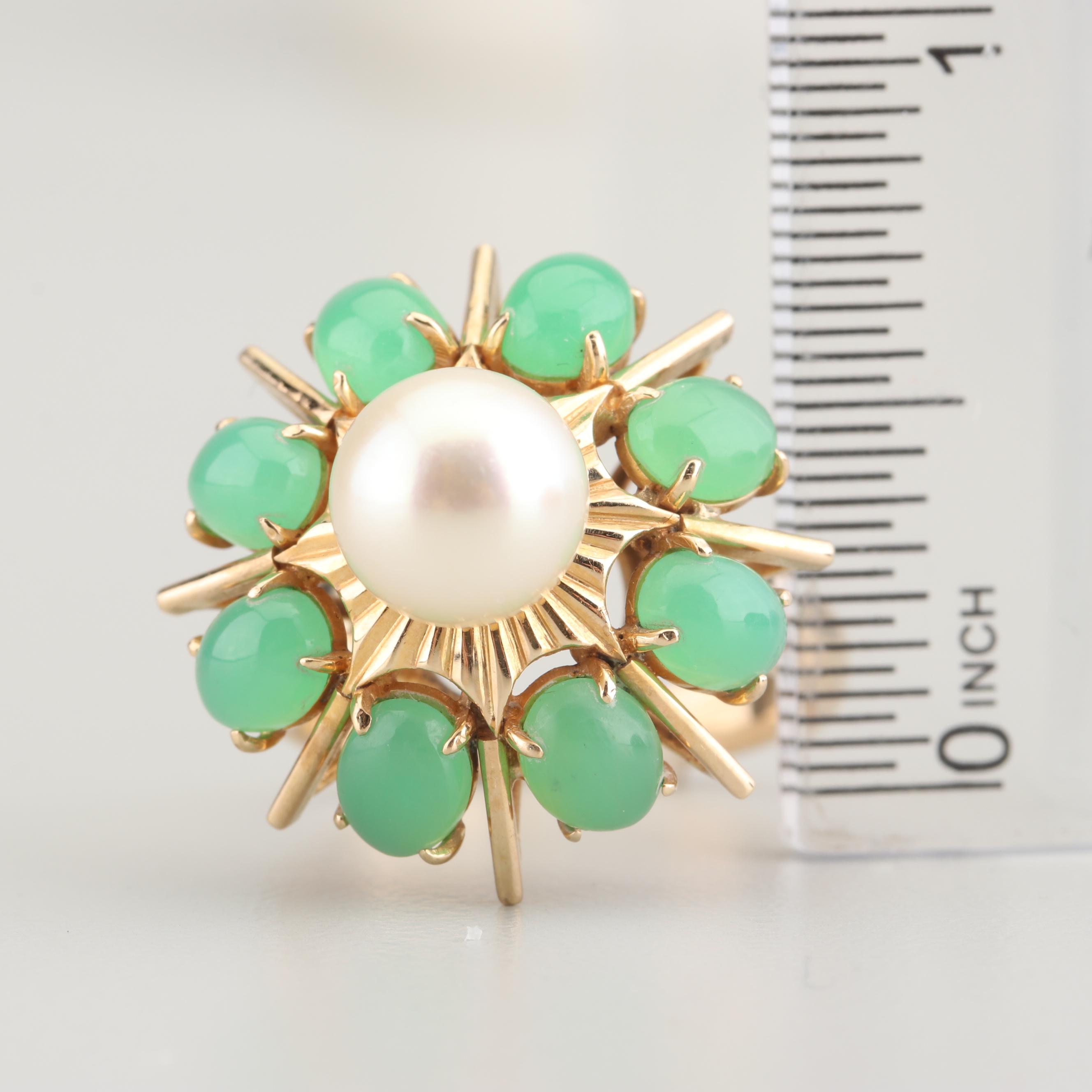 14K Yellow Gold Cultured Saltwater Pearl and Chrysoprase Ring