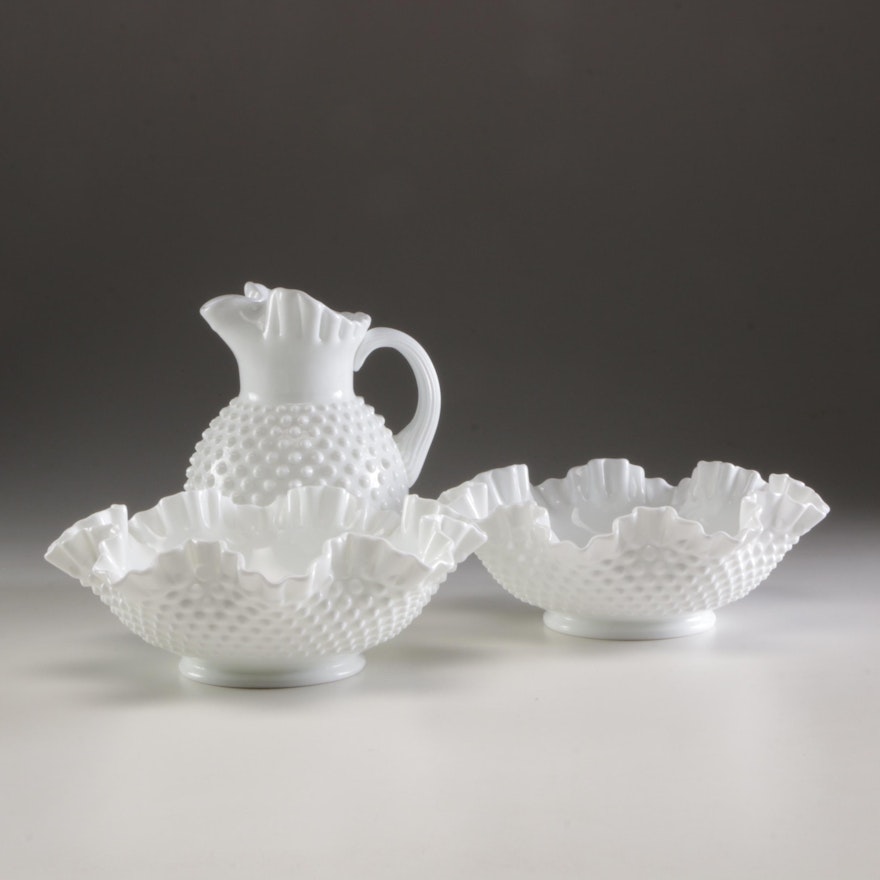 Grouping of Fenton Milk Glass Hobnail Centerpieces and Pitcher