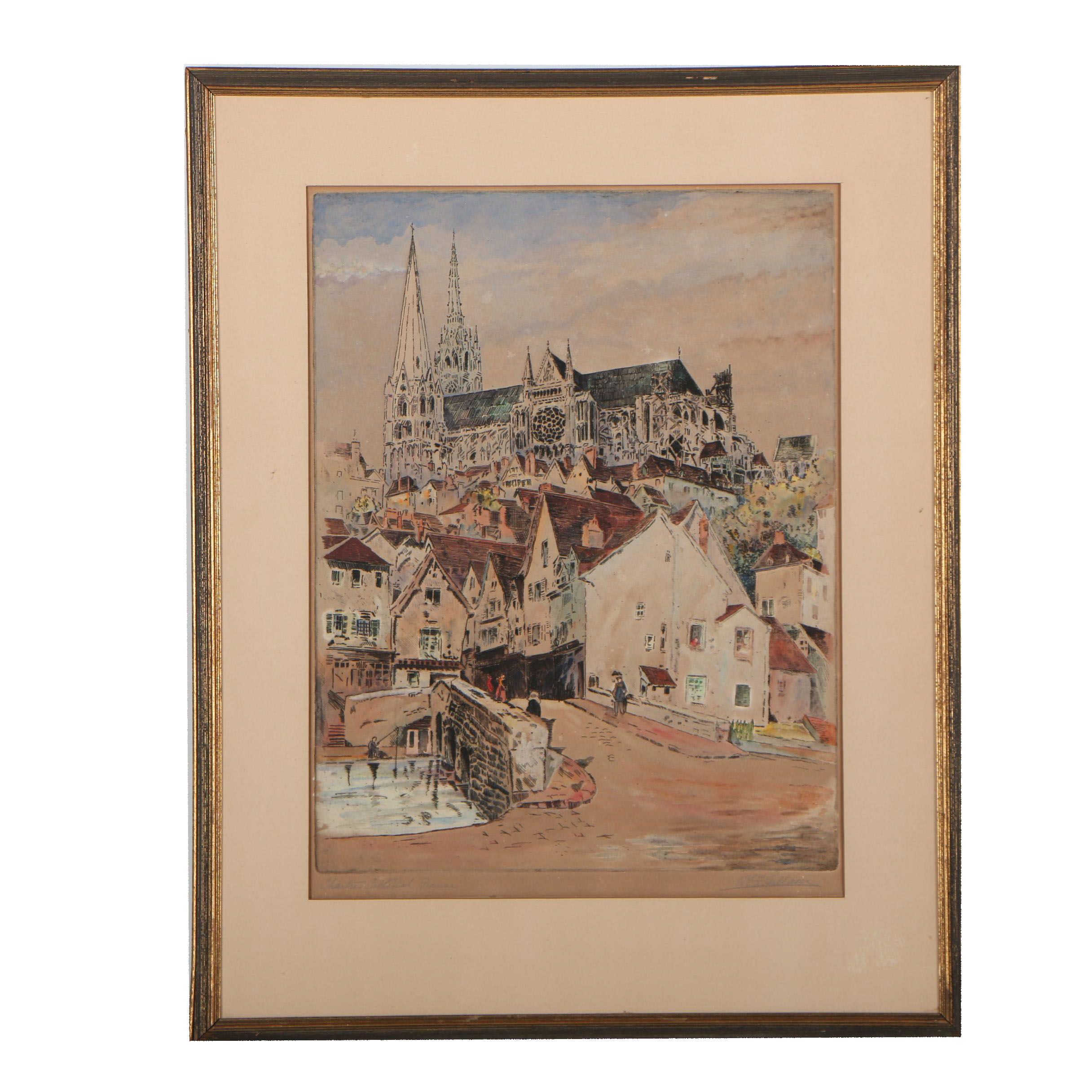 William C. Gillam Hand-Colored Etching "Chartres Cathedral, France"
