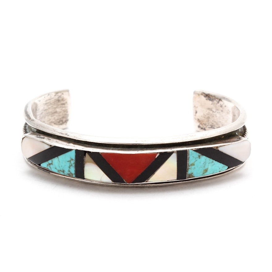 J. Cadman Navajo Diné Sterling Silver, Turquoise, Coral, and Onyx Cuff Bracelet